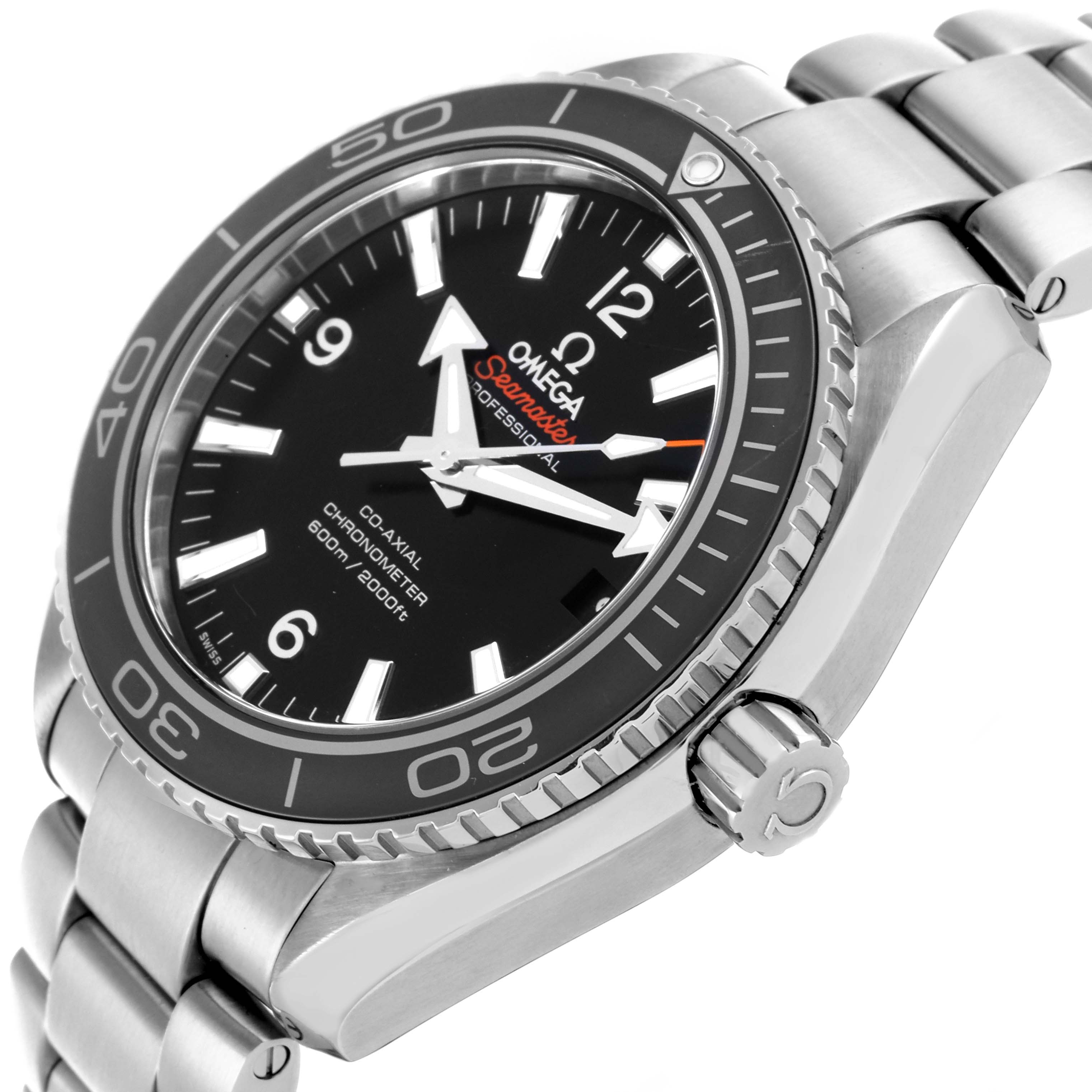 The Omega Seamaster 232.30.42.21.01.003 Men's Stainless Steel Black Dial 232.30.42.21.01.003 Men's Stainless Steel Black Dial watch is shown at a slight angle highlighting the dial, bezel, crown, and part of the bracelet.