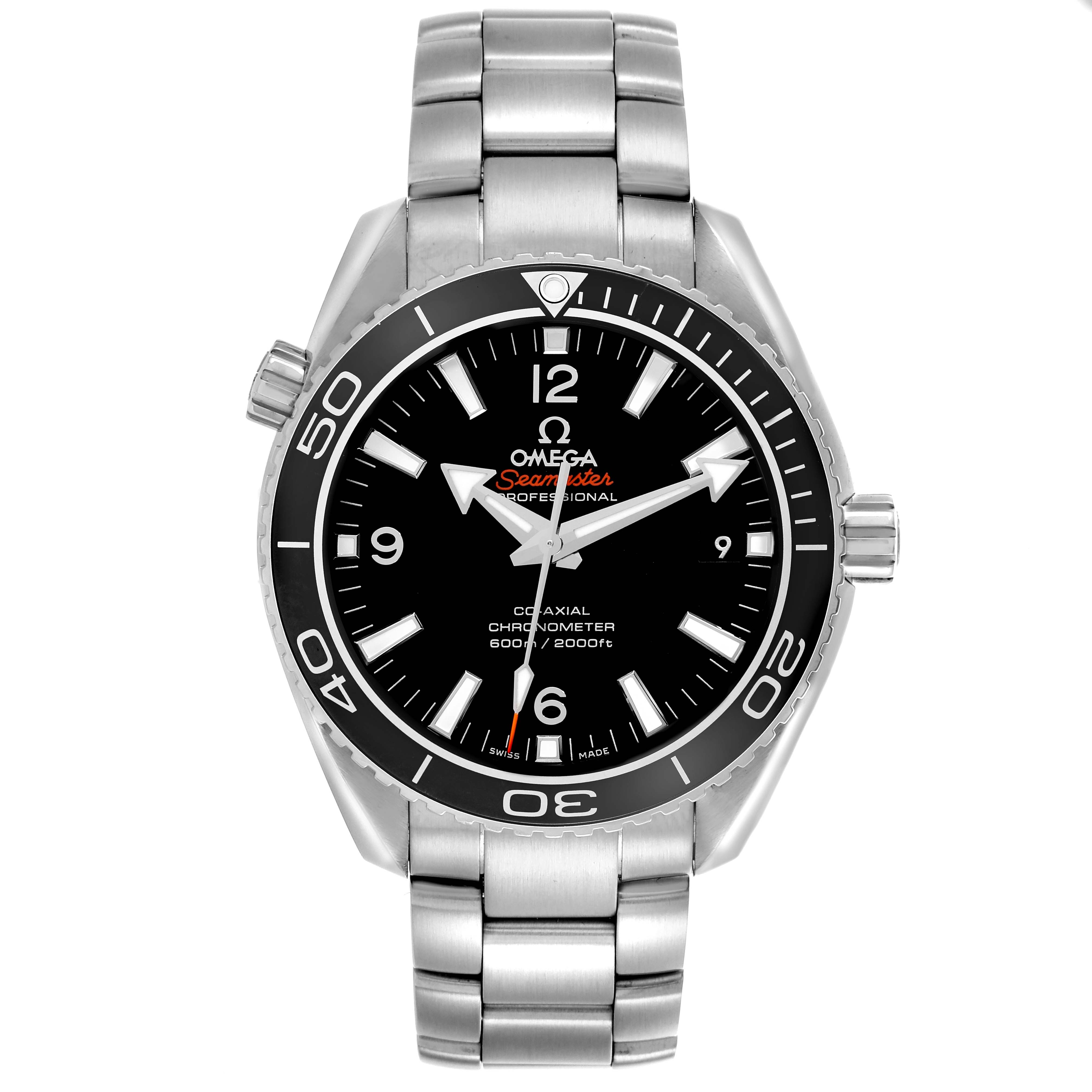 The Omega Seamaster 232.30.42.21.01.003 Men's Stainless Steel Black Dial 232.30.42.21.01.003 Men's Stainless Steel Black Dial watch is shown from the front, displaying the dial, bezel, and bracelet.