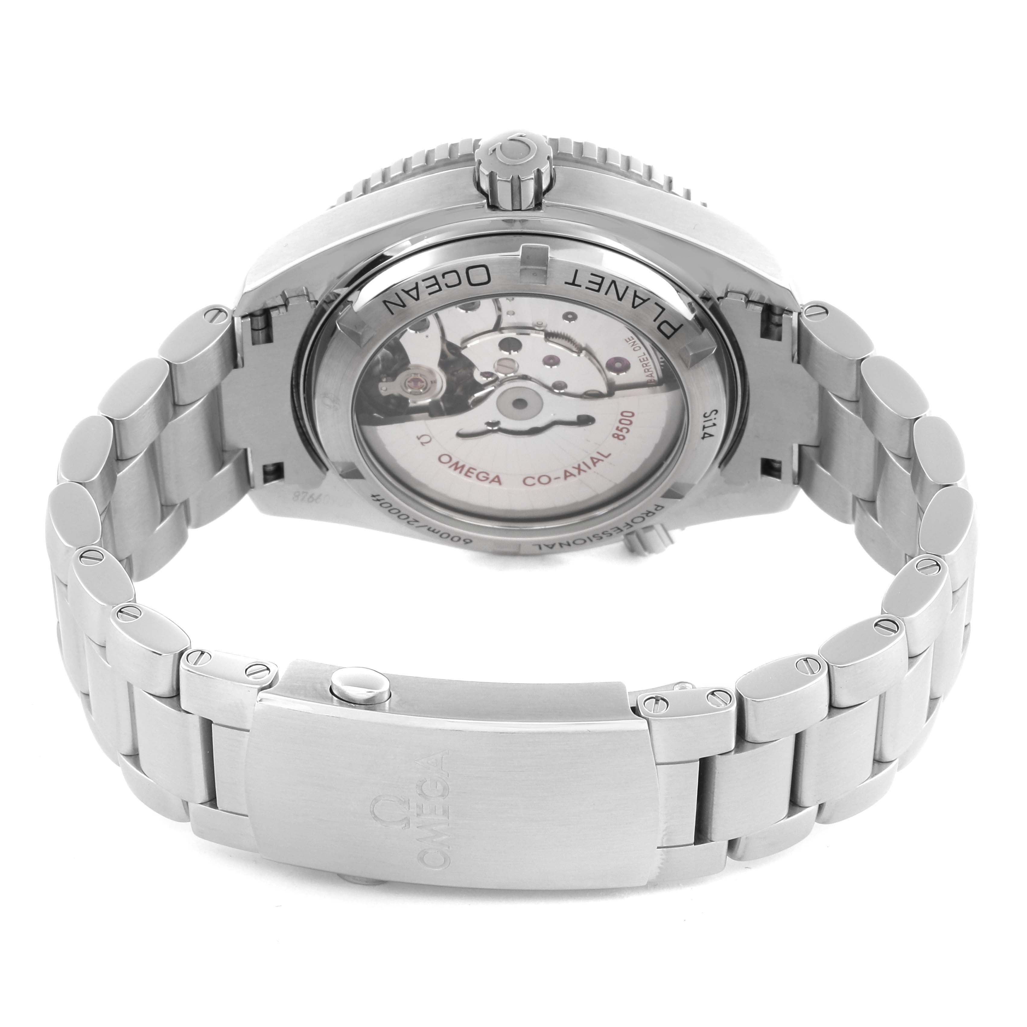 The image shows the back and bracelet of the Omega Seamaster 232.30.42.21.01.003 Men's Stainless Steel Black Dial 232.30.42.21.01.003 Men's Stainless Steel Black Dial, highlighting its transparent case back and clasp detailing.