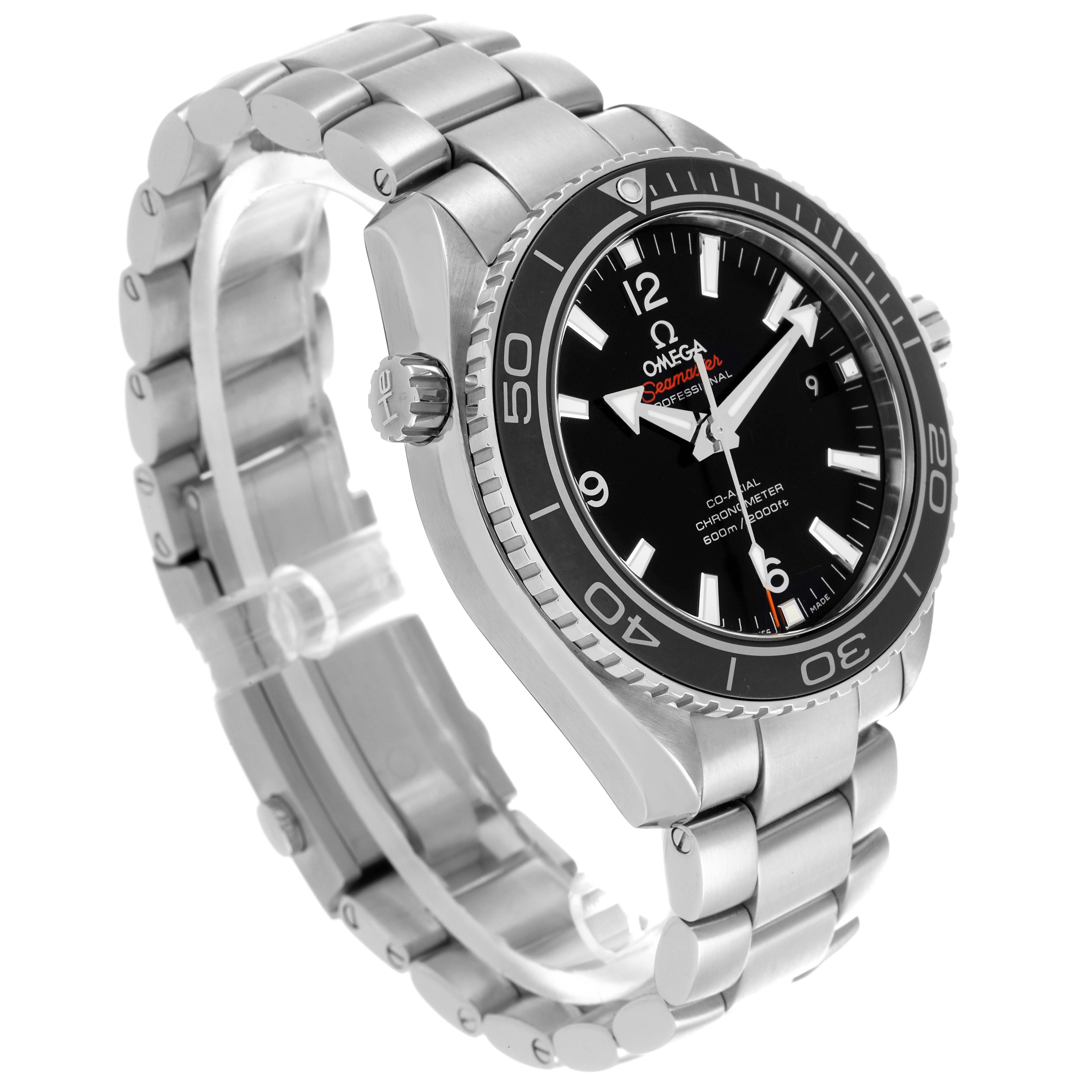 The Omega Seamaster 232.30.42.21.01.003 Men's Stainless Steel Black Dial 232.30.42.21.01.003 Men's Stainless Steel Black Dial watch is shown at an angled side view, displaying the bracelet, bezel, crown, and dial.