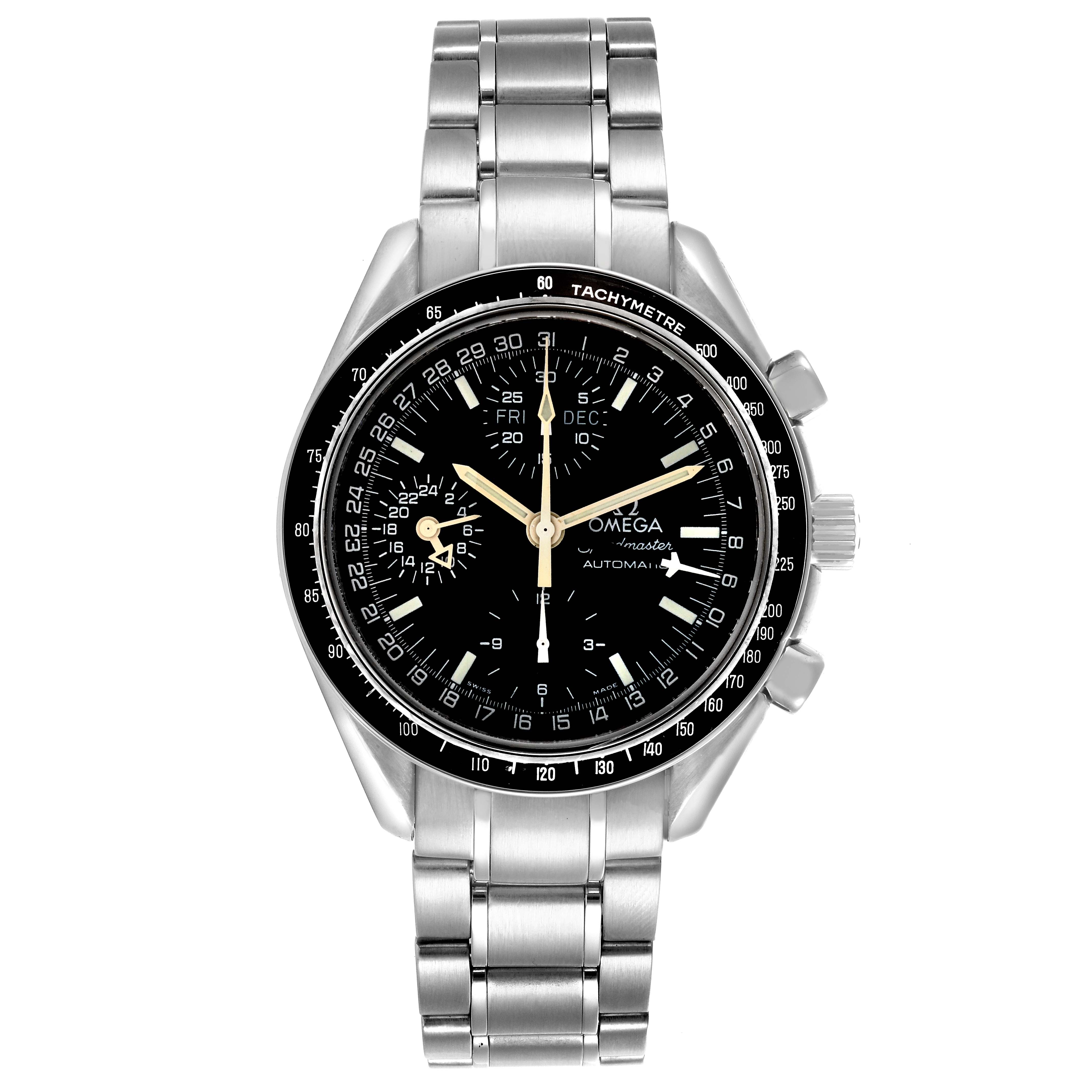 The Omega Speedmaster 3520.50.00 Men
s Stainless Steel Black Dial 3520.50.00 Men
s Stainless Steel Black Dial watch is shown from a front view, displaying the dial, bezel, and metal bracelet.