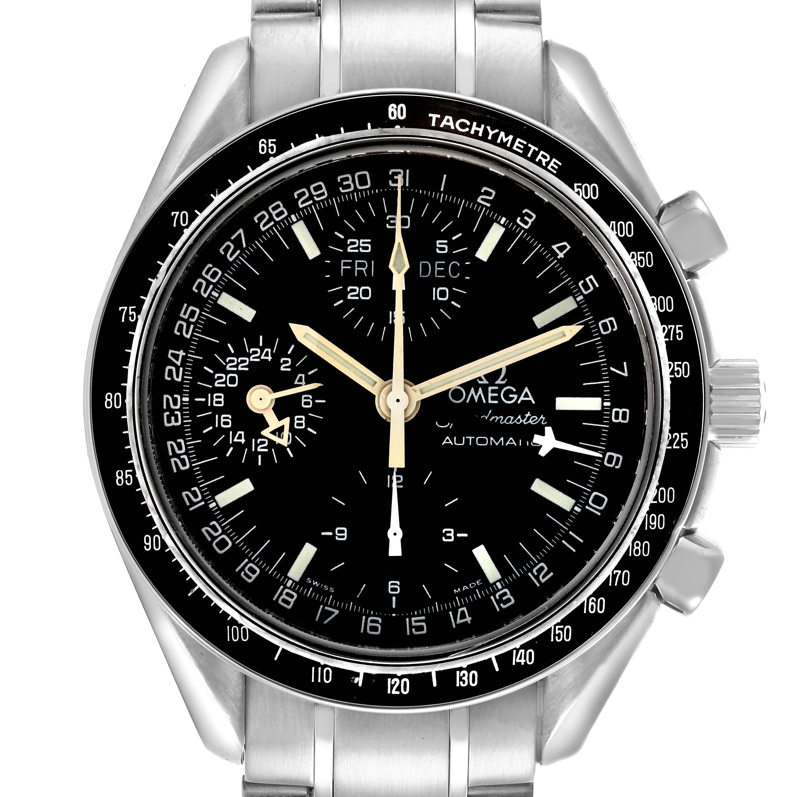 The Omega Speedmaster 3520.50.00 Men
s Stainless Steel Black Dial 3520.50.00 Men
s Stainless Steel Black Dial watch is shown from the front, displaying the dial, tachymeter bezel, and part of the stainless steel bracelet.