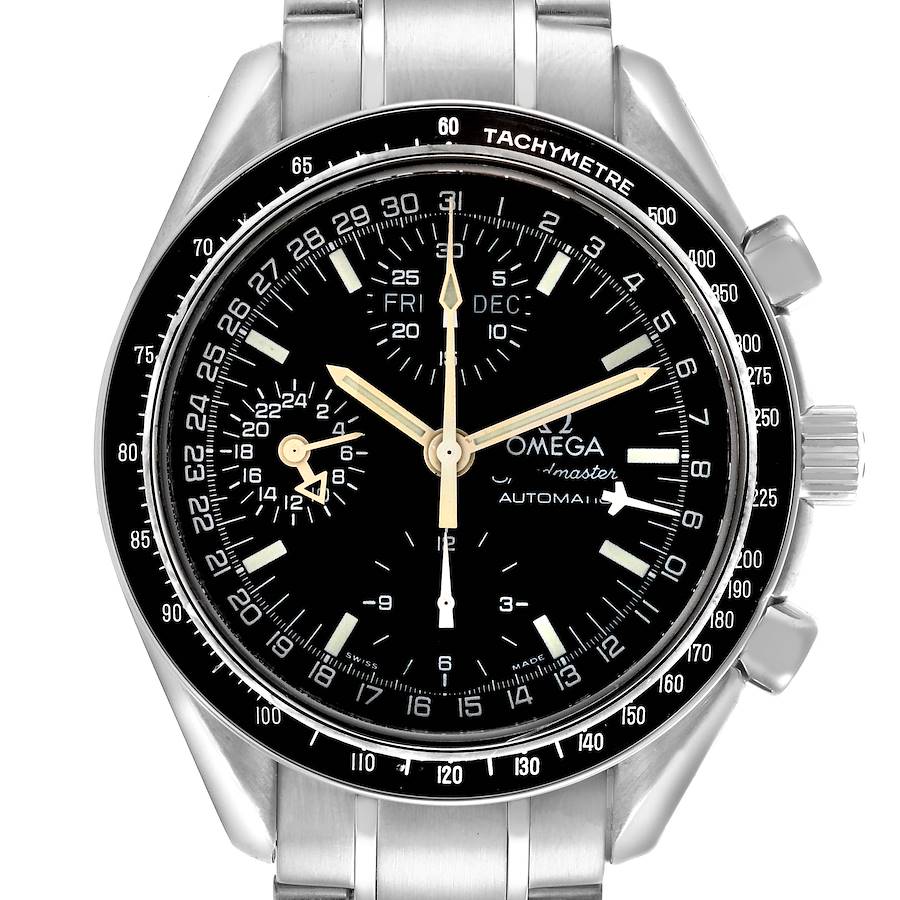 The Omega Speedmaster watch is shown from the front, displaying the dial, tachymeter bezel, and part of the stainless steel bracelet.