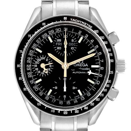 The Omega Speedmaster watch is shown front-facing, displaying the dial, sub-dials, tachymeter bezel, and part of the bracelet.