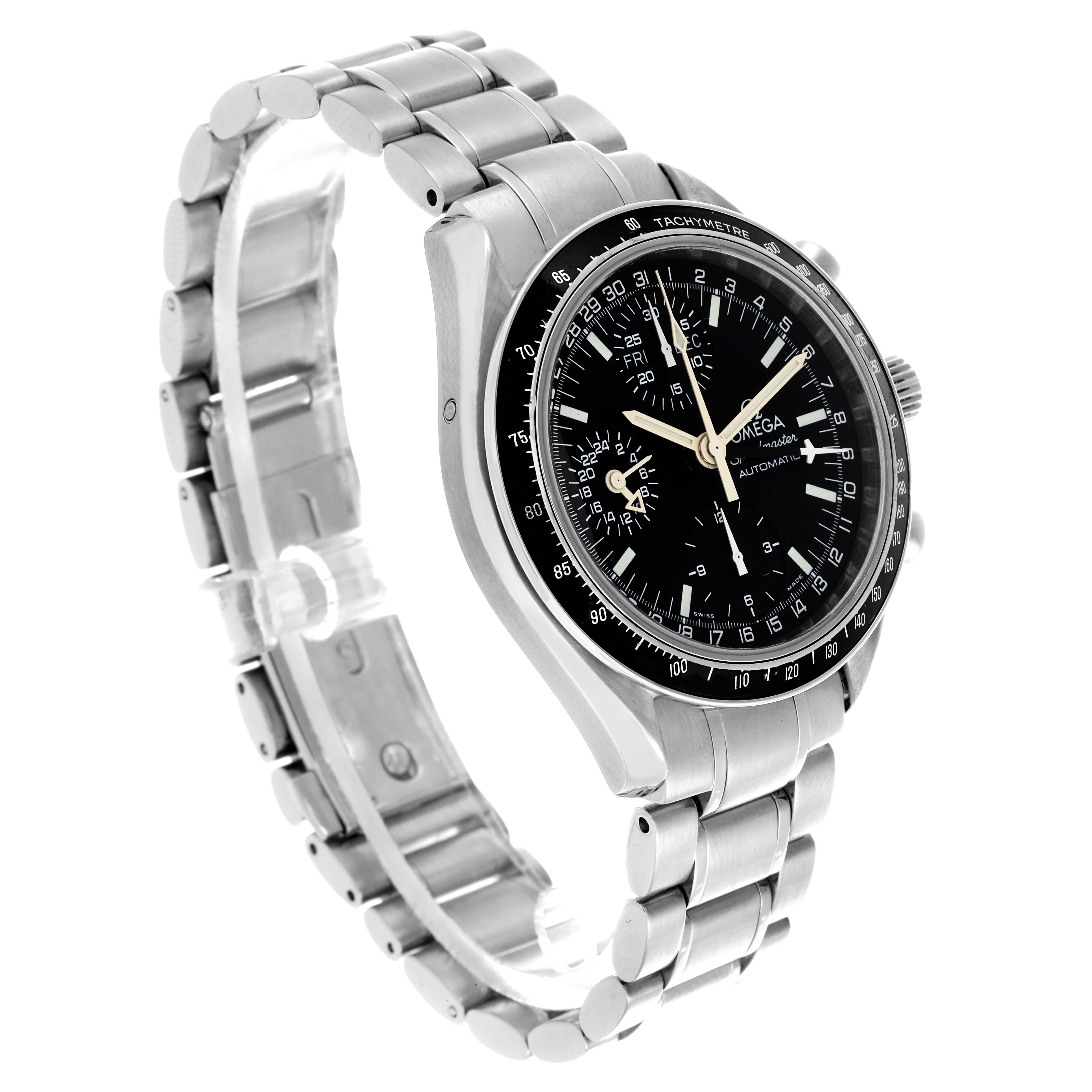 The Omega Speedmaster 3520.50.00 Men
s Stainless Steel Black Dial 3520.50.00 Men
s Stainless Steel Black Dial watch is shown at a three-quarter angle, highlighting the face, bracelet, and side pushers.