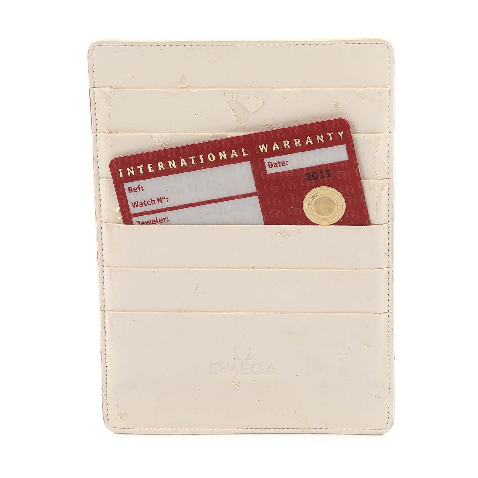 The image shows an Omega Speedmaster 3520.50.00 Men
s Stainless Steel Black Dial 3520.50.00 Men
s Stainless Steel Black Dial warranty card in a white cardholder.