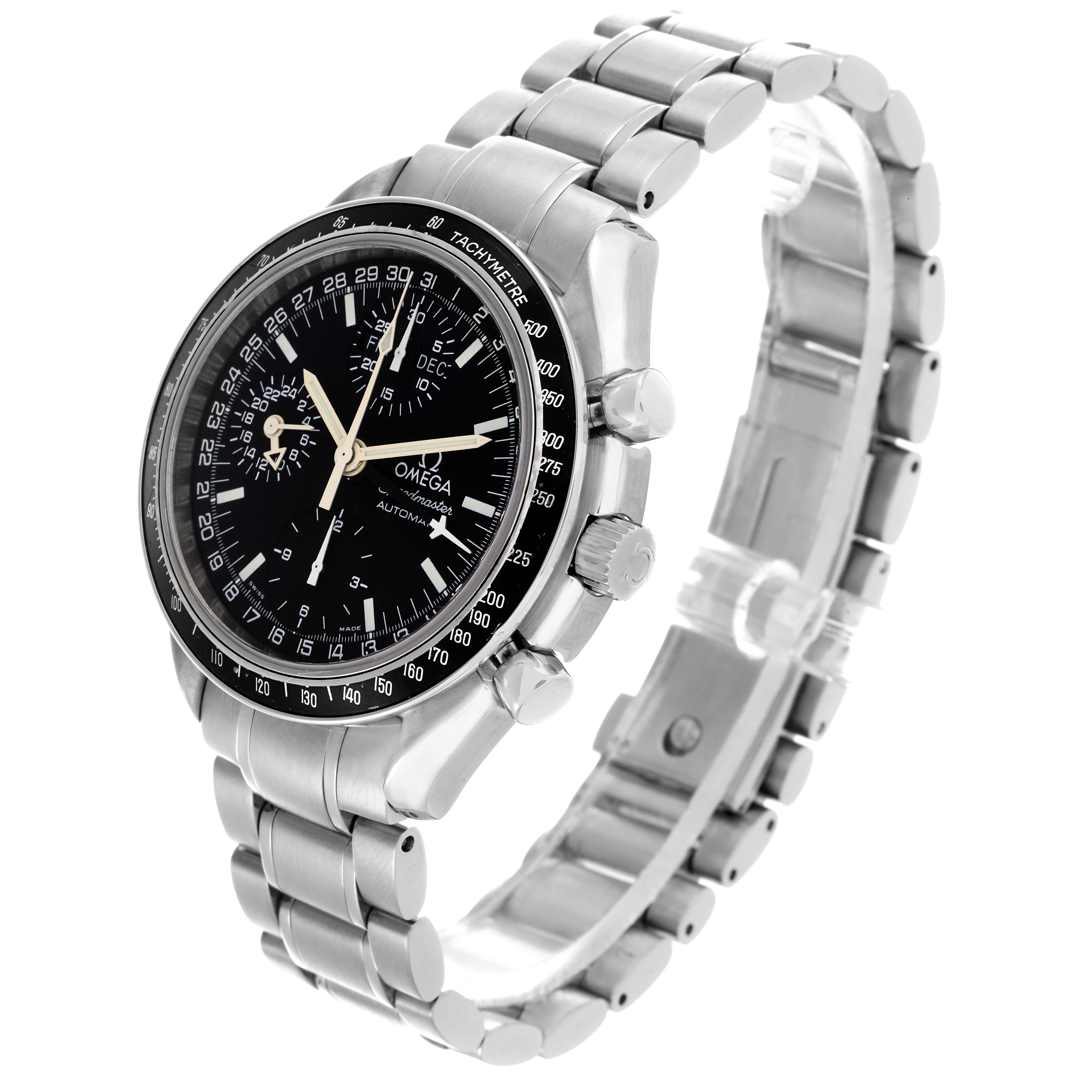 The Omega Speedmaster 3520.50.00 Men
s Stainless Steel Black Dial 3520.50.00 Men
s Stainless Steel Black Dial watch is shown from a three-quarter angle, displaying the dial, bezel, buttons, and part of the bracelet.