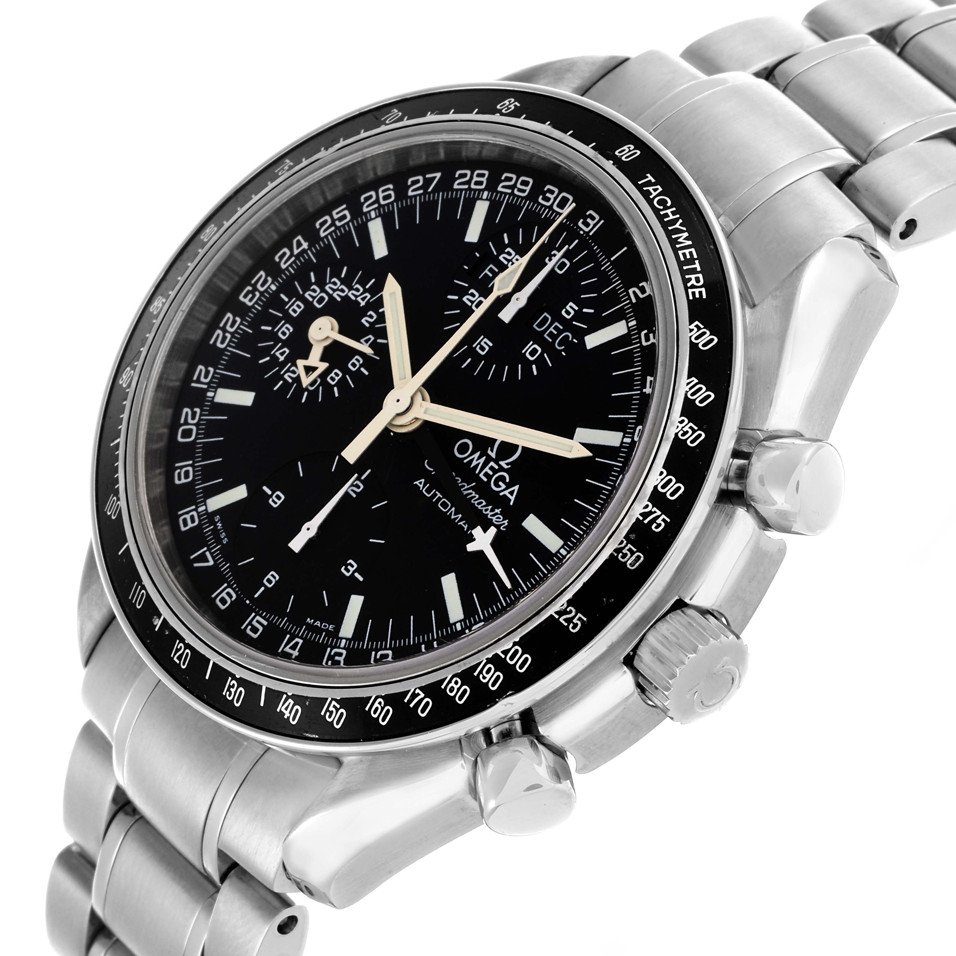 The Omega Speedmaster 3520.50.00 Men
s Stainless Steel Black Dial 3520.50.00 Men
s Stainless Steel Black Dial watch is shown at a slight angle, displaying the dial, bezel, crown, pushers, and bracelet links.