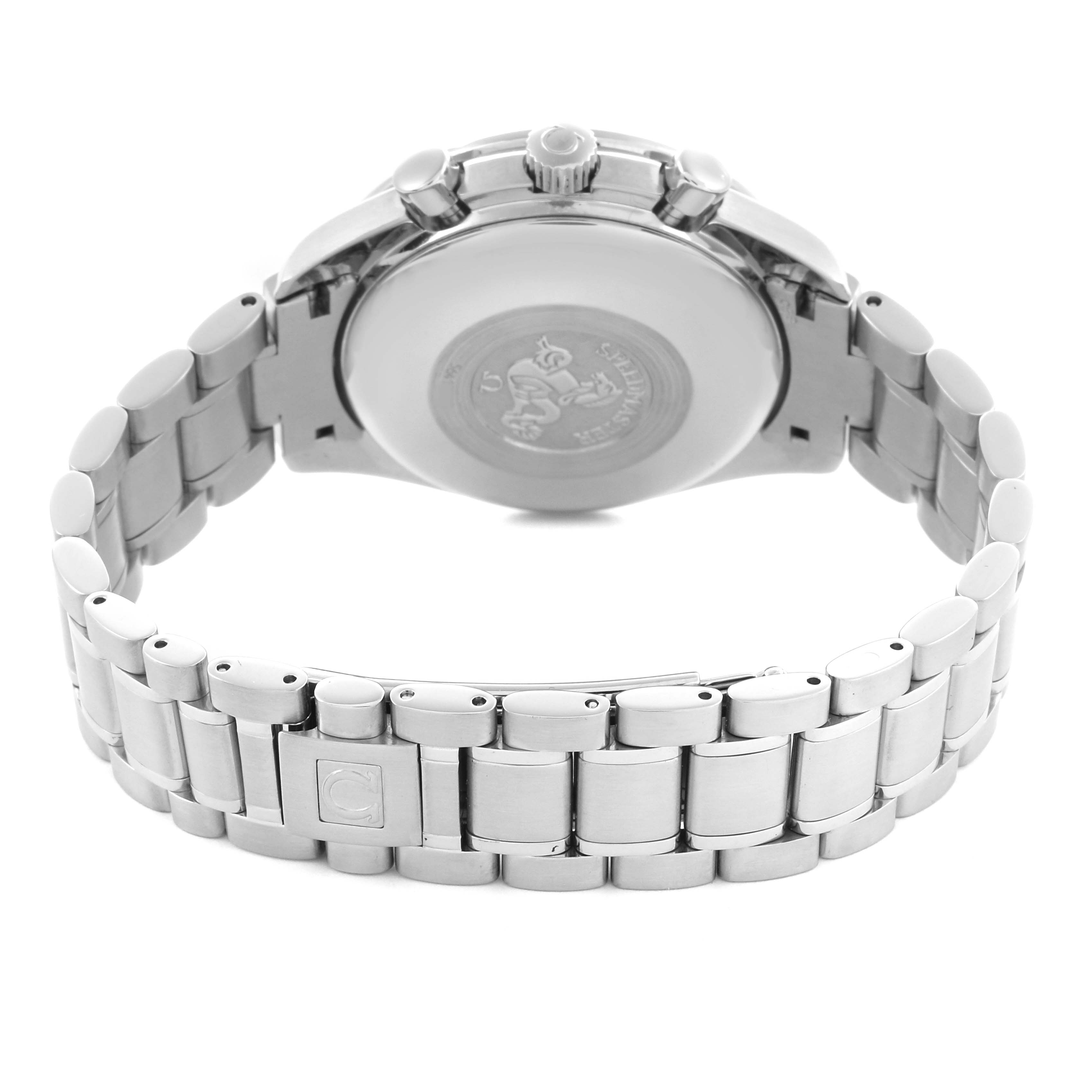 The image shows the back view of an Omega Speedmaster 3520.50.00 Men
s Stainless Steel Black Dial 3520.50.00 Men
s Stainless Steel Black Dial watch, highlighting its metal bracelet and case back.