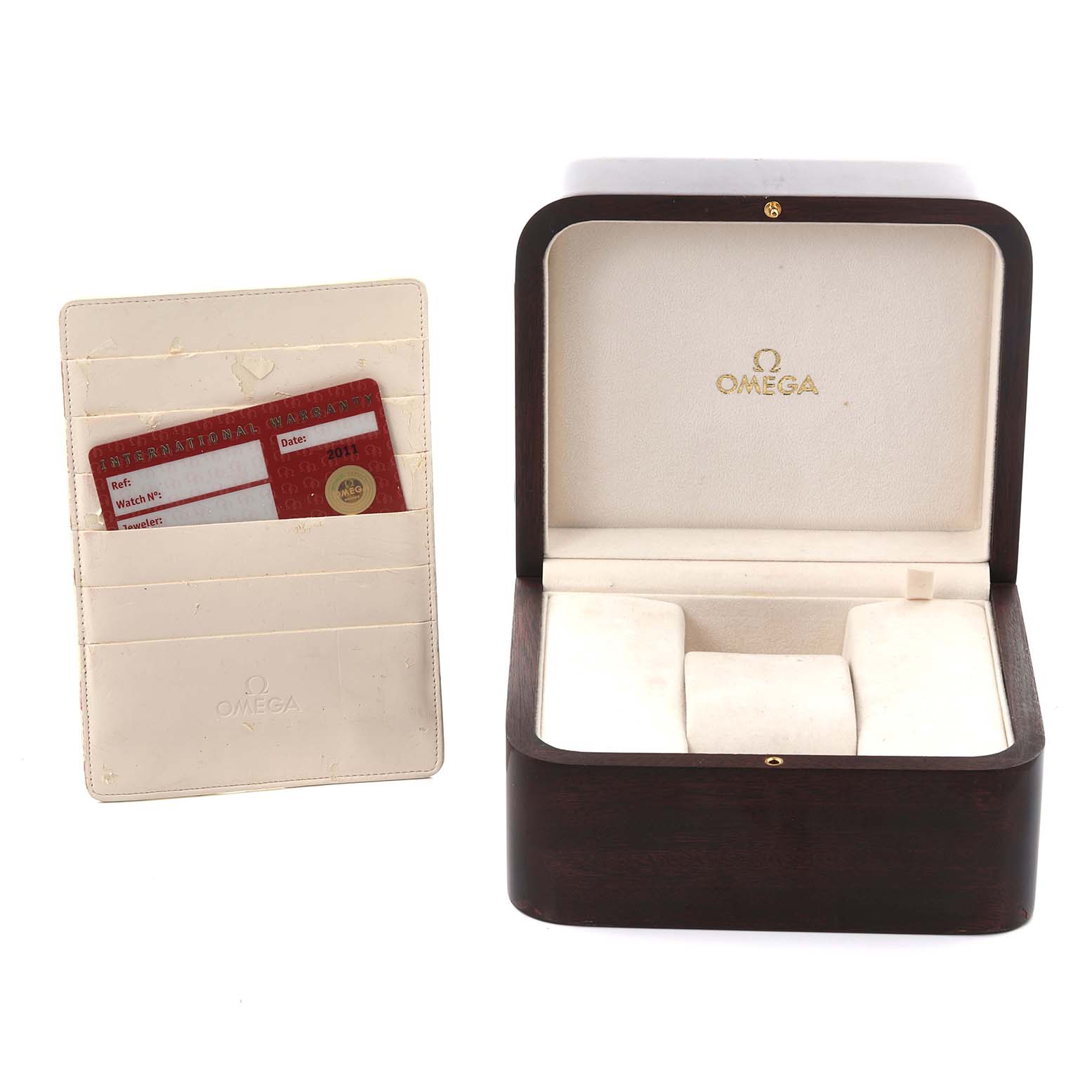 The image shows an Omega Speedmaster 3520.50.00 Men
s Stainless Steel Black Dial 3520.50.00 Men
s Stainless Steel Black Dial watch box and warranty cardholder, viewed from the front.