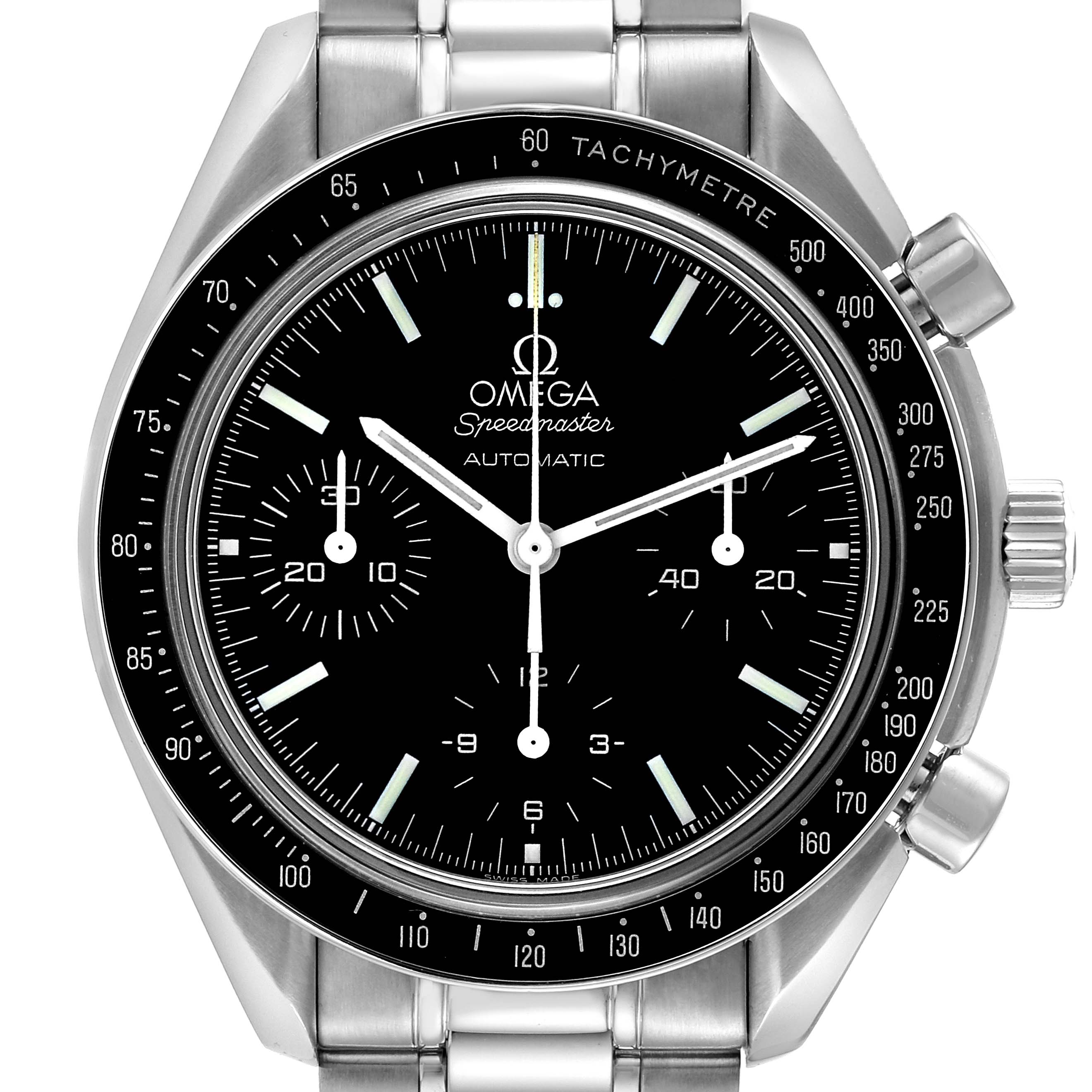 The image shows a front view of an Omega Speedmaster 3539.50.00 Men
s Stainless Steel Black Dial 3539.50.00 Men
s Stainless Steel Black Dial watch, highlighting the dial, bezel, and bracelet.