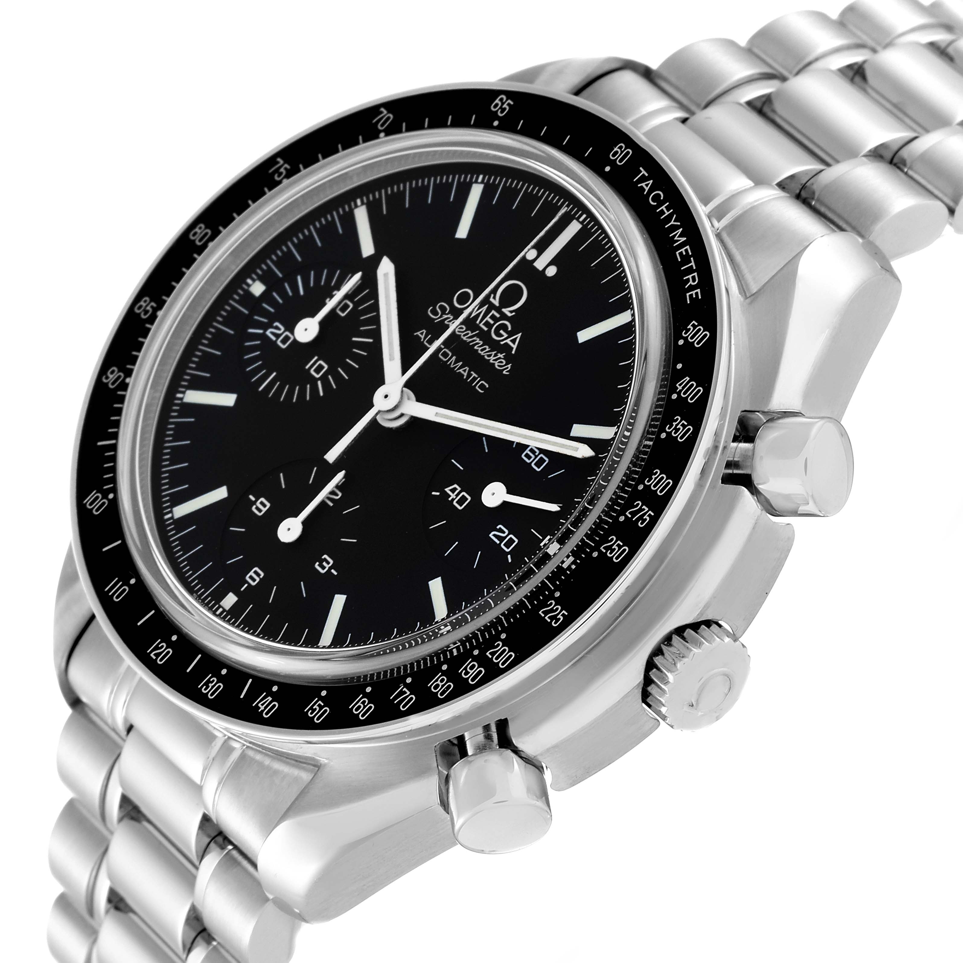 The Omega Speedmaster 3539.50.00 Men
s Stainless Steel Black Dial 3539.50.00 Men
s Stainless Steel Black Dial watch is shown from a three-quarter angle, highlighting its dial, bezel, pushers, and bracelet.