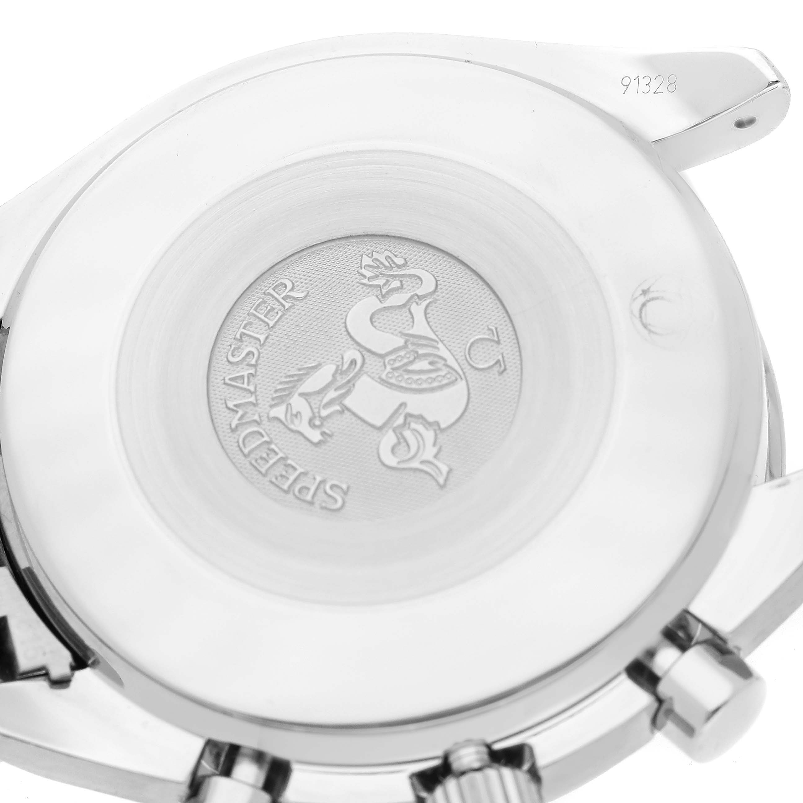 The image shows the case back of the Omega Speedmaster 3539.50.00 Men
s Stainless Steel Black Dial 3539.50.00 Men
s Stainless Steel Black Dial watch, featuring the engraved logo and some side buttons.