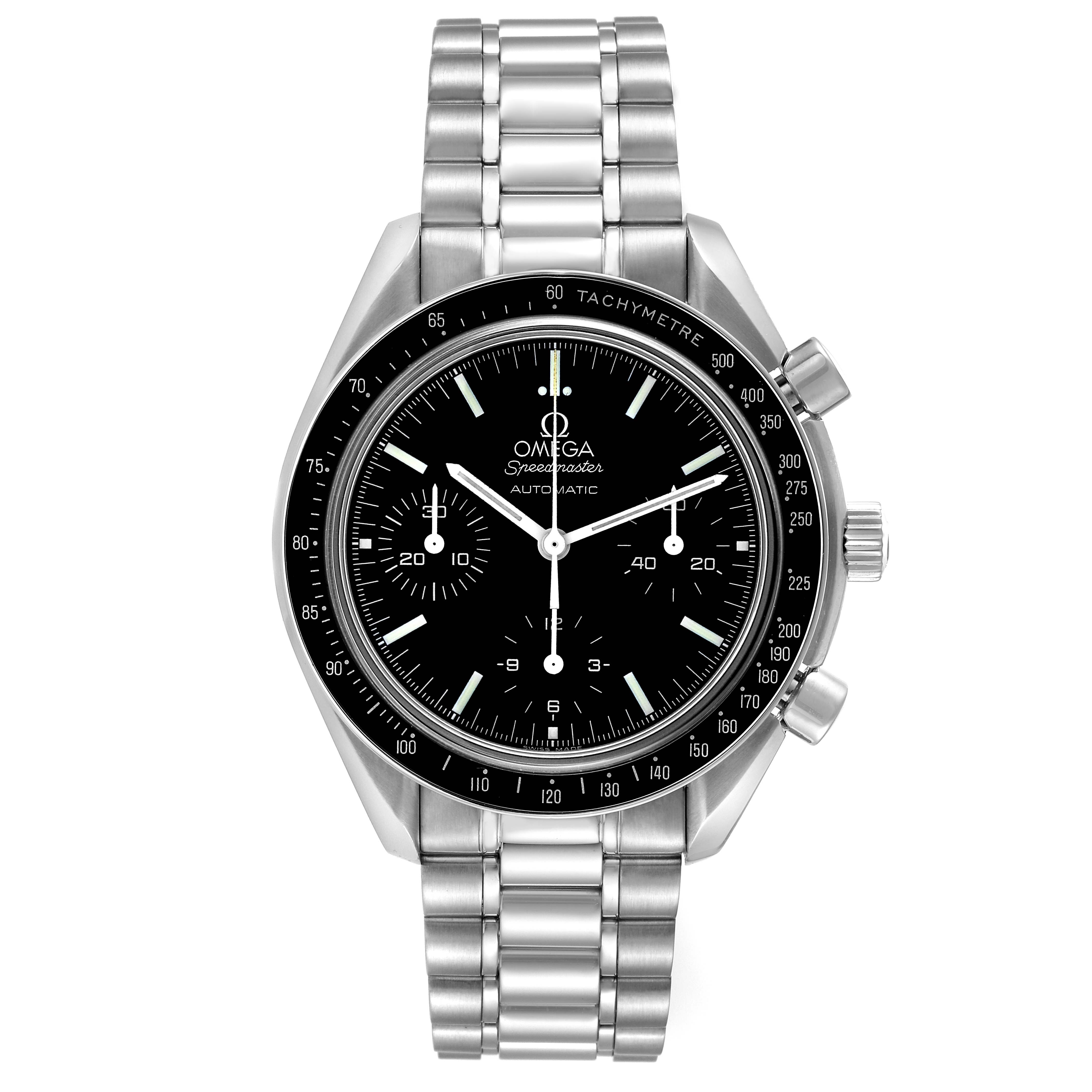 This image shows a front view of an Omega Speedmaster 3539.50.00 Men
s Stainless Steel Black Dial 3539.50.00 Men
s Stainless Steel Black Dial watch displaying its face, bezel, and stainless steel bracelet.