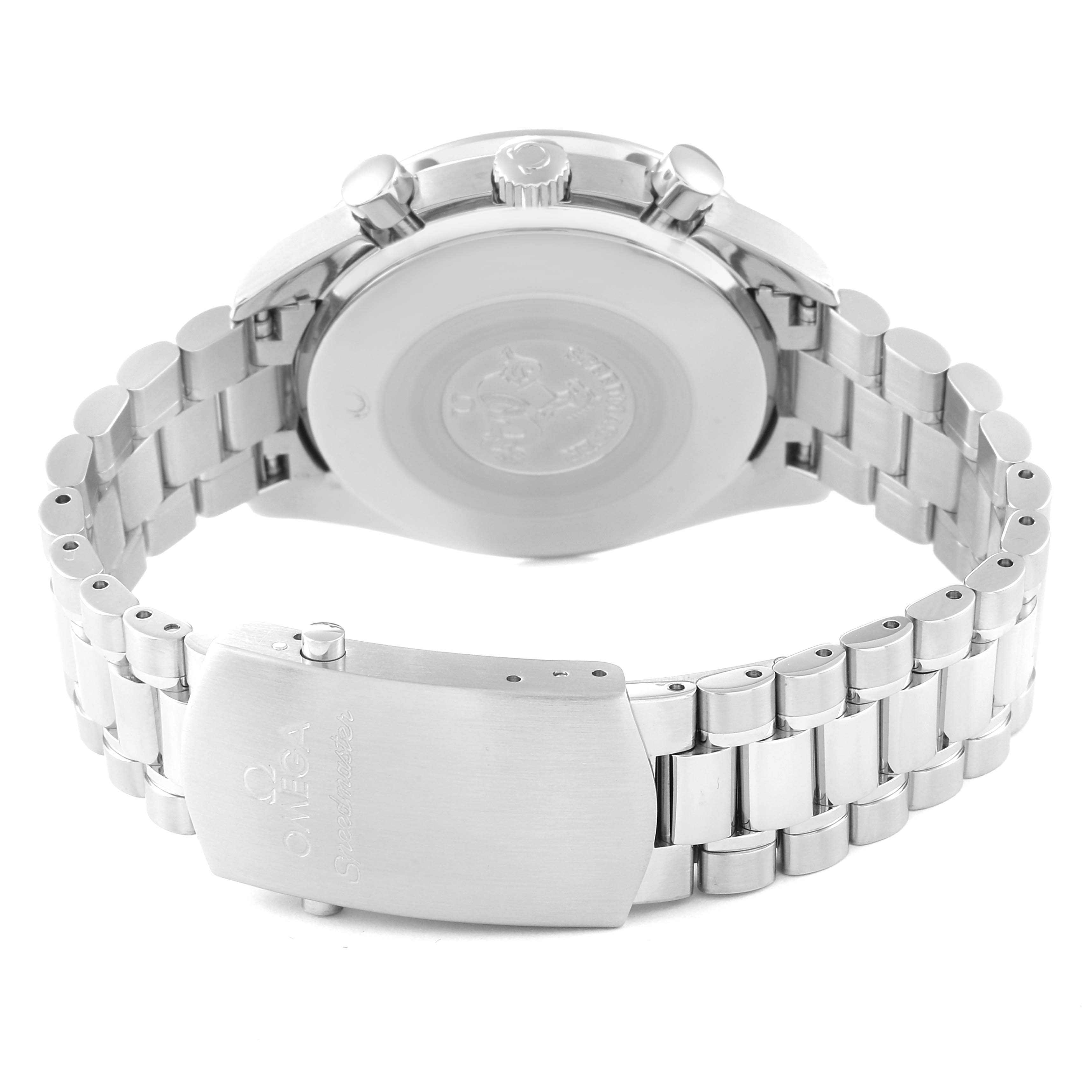 The image shows the back view of an Omega Speedmaster 3539.50.00 Men
s Stainless Steel Black Dial 3539.50.00 Men
s Stainless Steel Black Dial watch focusing on its clasp, bracelet, and case back.