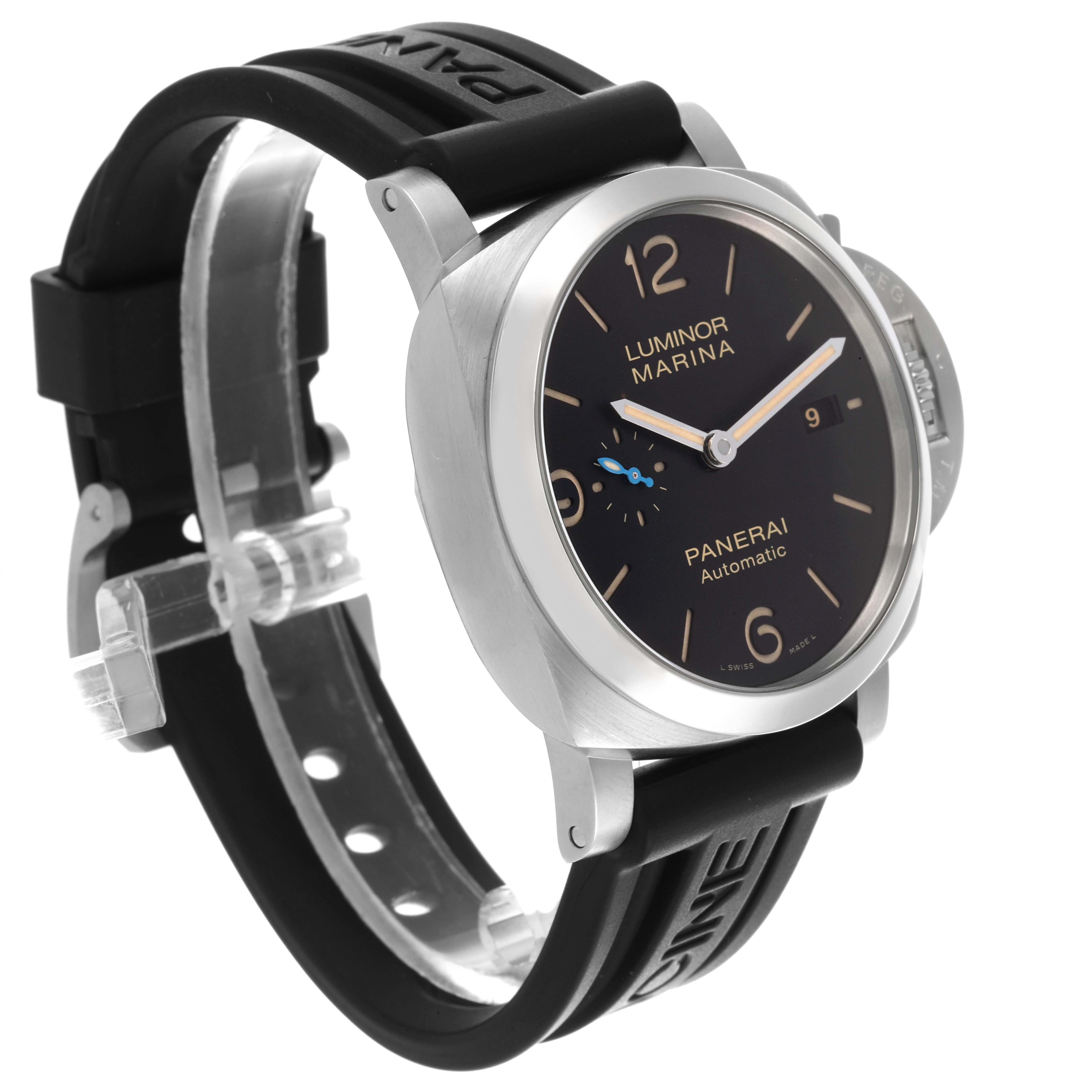 The Panerai Luminor PAM01312 Men's Stainless Steel Black Dial PAM01312 Men's Stainless Steel Black Dial watch is shown from a three-quarter angle, displaying the face, case, crown guard, and black rubber strap.