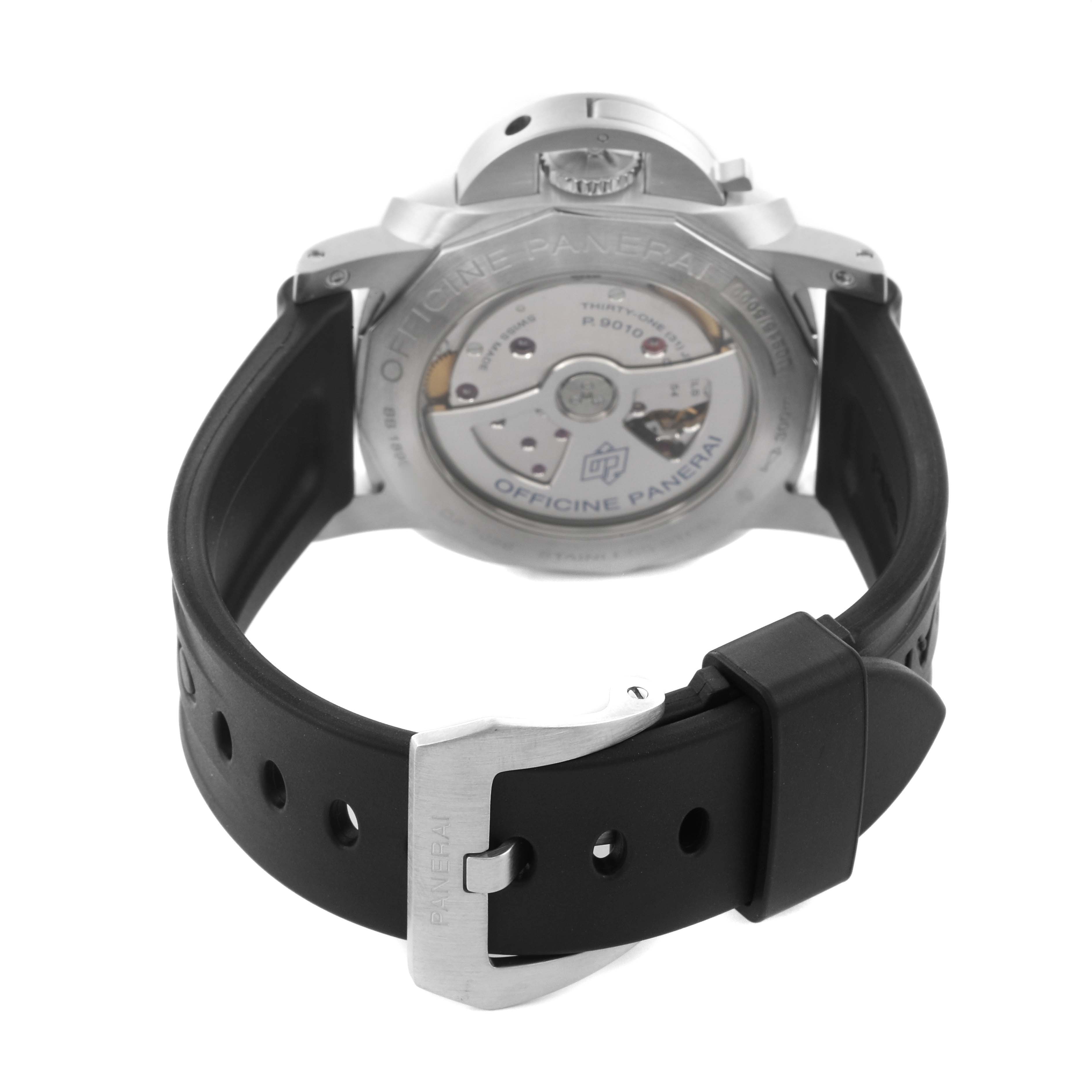 The image shows the back view of a Panerai Luminor PAM01312 Men's Stainless Steel Black Dial PAM01312 Men's Stainless Steel Black Dial watch, highlighting the transparent case back and rubber strap.