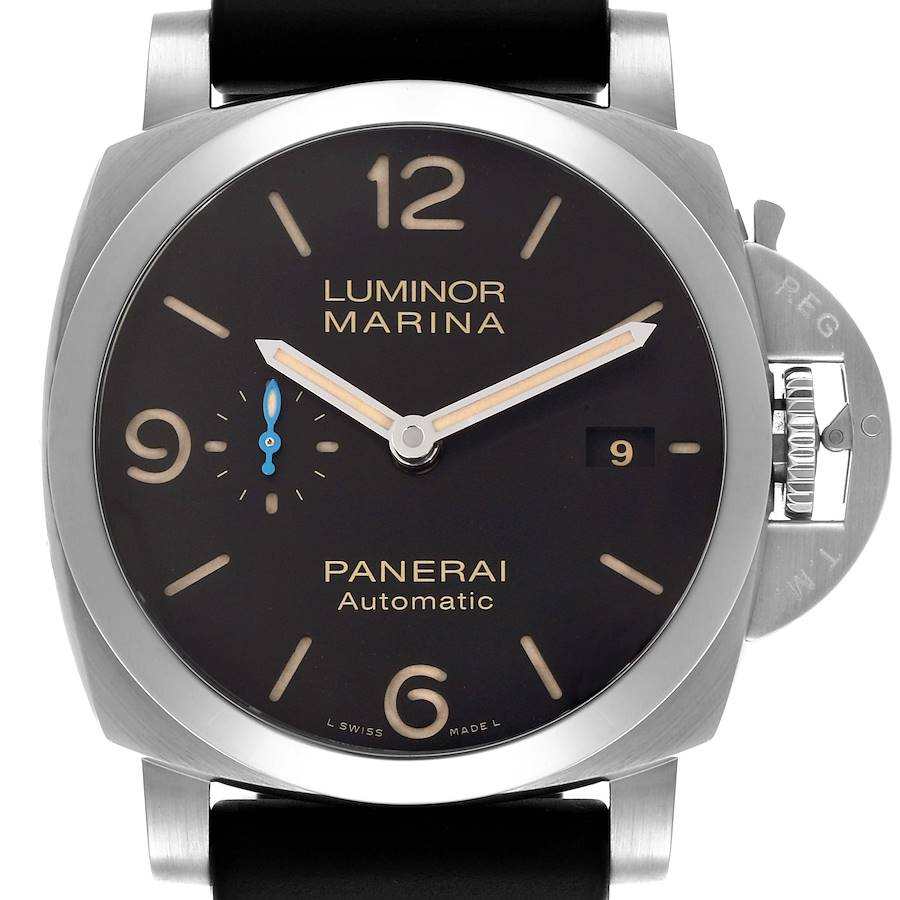 The image shows a front view of the Panerai Luminor watch, highlighting the dial, hands, crown guard, and date window.