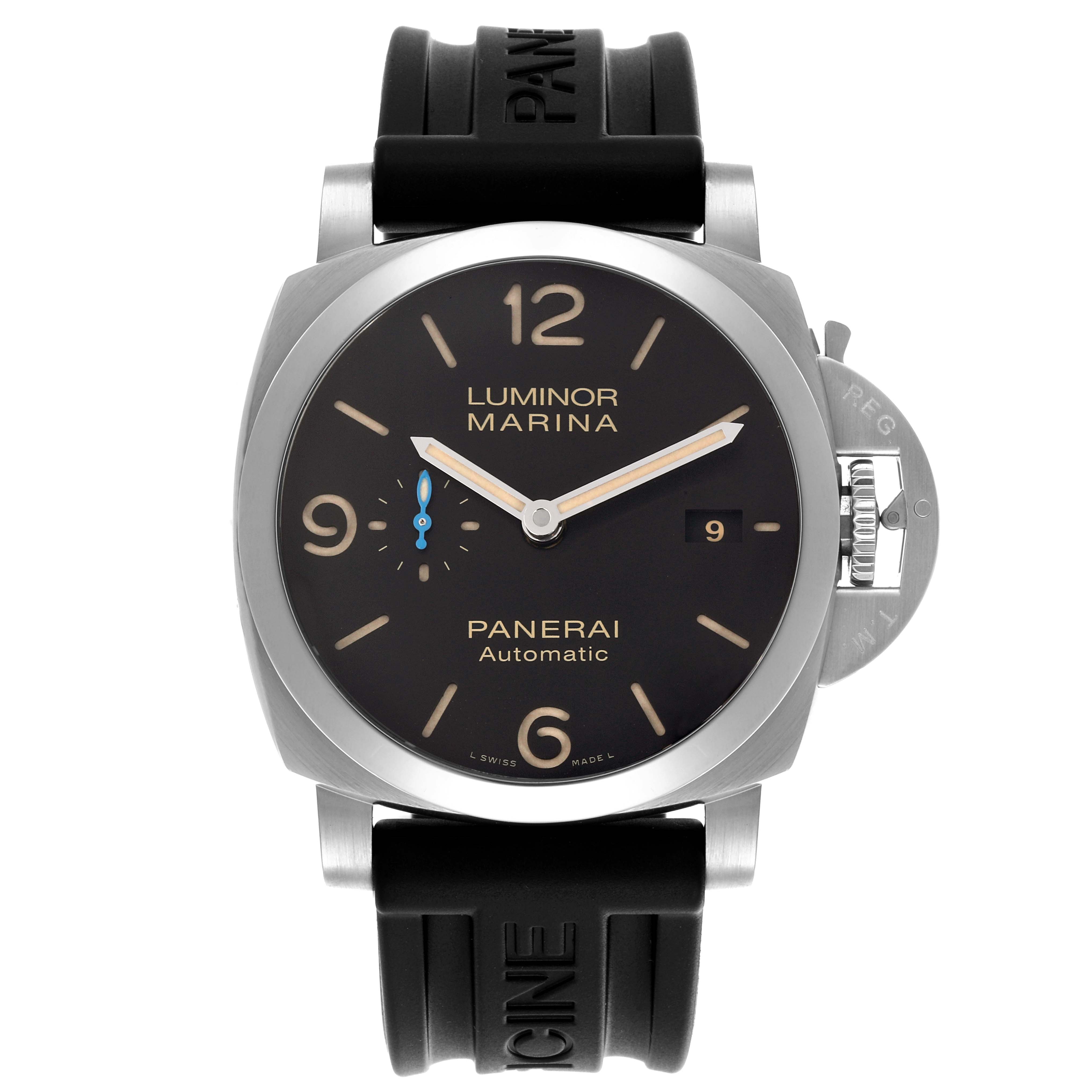 The Panerai Luminor PAM01312 Men's Stainless Steel Black Dial PAM01312 Men's Stainless Steel Black Dial model is shown from a front angle, displaying the face, case, and rubber strap.