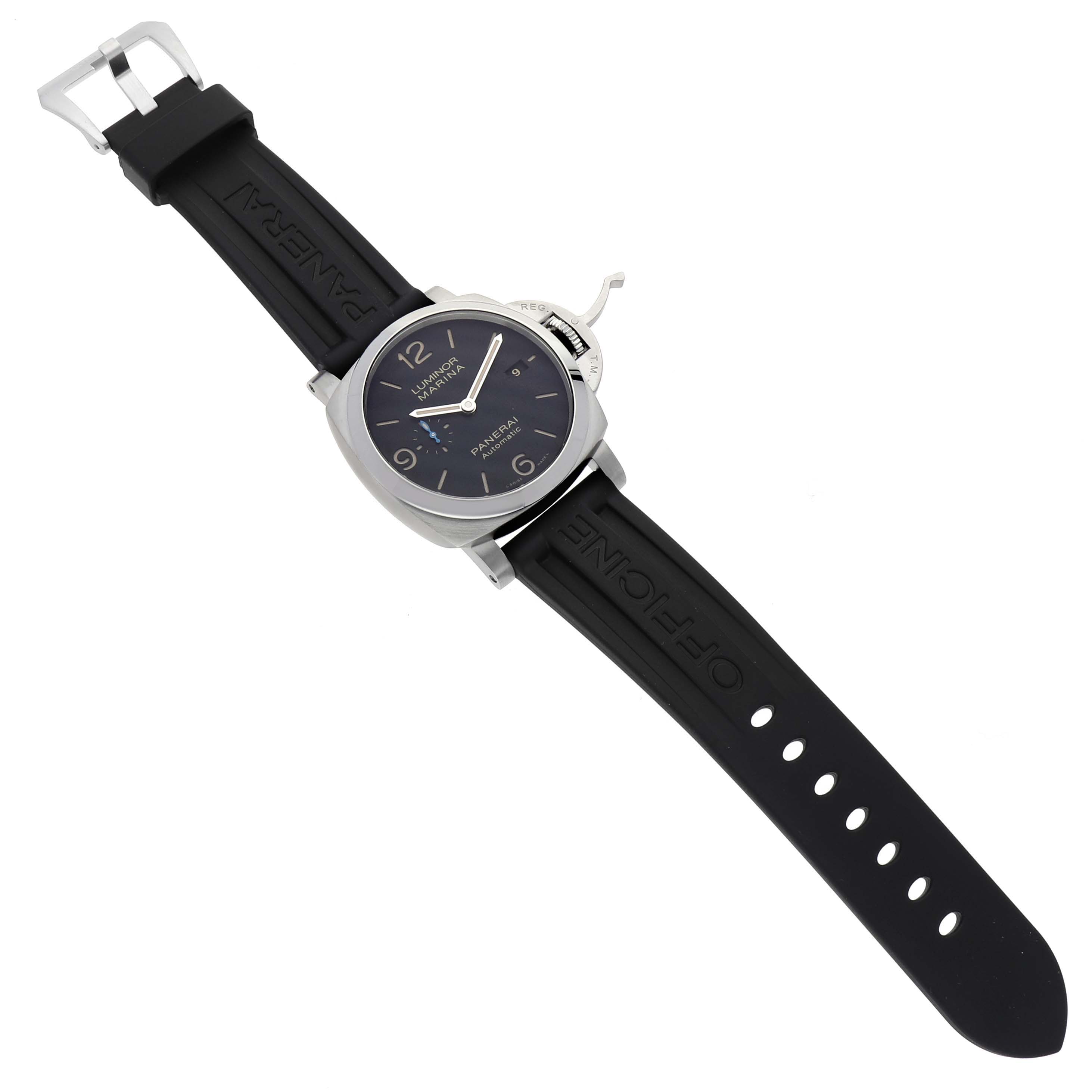 The Panerai Luminor PAM01312 Men's Stainless Steel Black Dial PAM01312 Men's Stainless Steel Black Dial watch is shown from a top-down angle, displaying the face, strap, and crown guard.