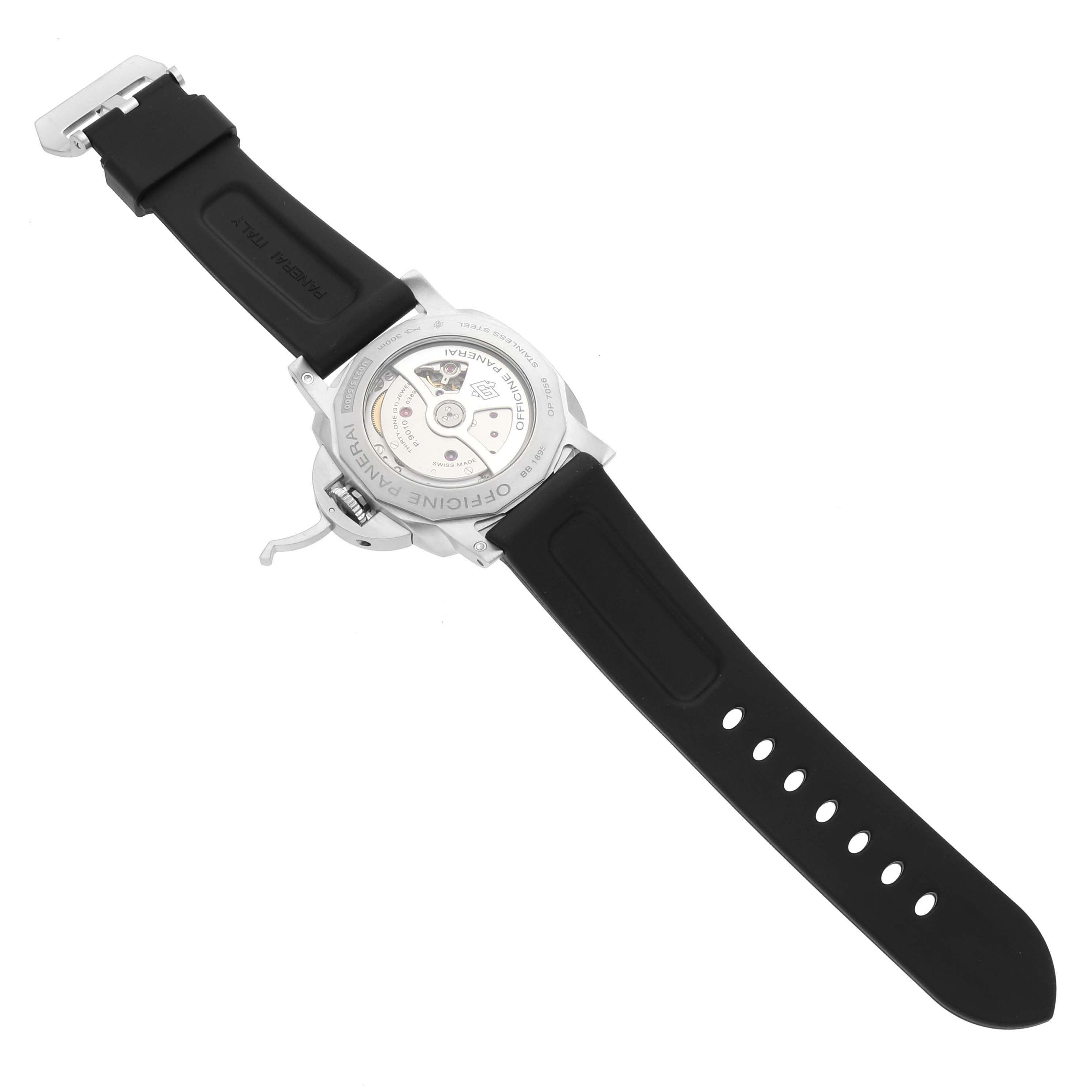 The image shows the back of the Panerai Luminor PAM01312 Men's Stainless Steel Black Dial PAM01312 Men's Stainless Steel Black Dial watch, displaying the movement and black rubber strap.