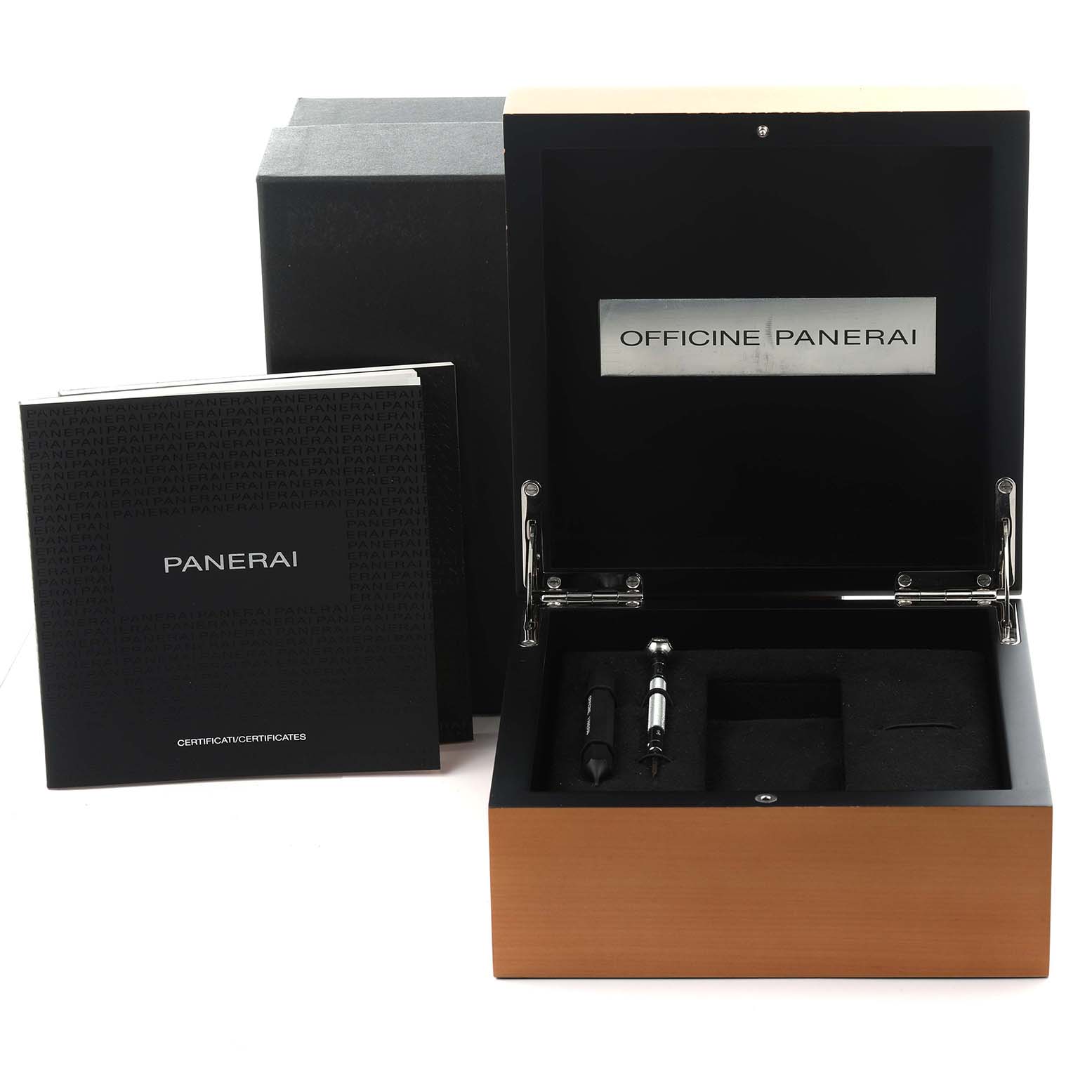 The image shows the Panerai Luminor PAM01312 Men's Stainless Steel Black Dial PAM01312 Men's Stainless Steel Black Dial packaging, including an open box with tools and booklets.