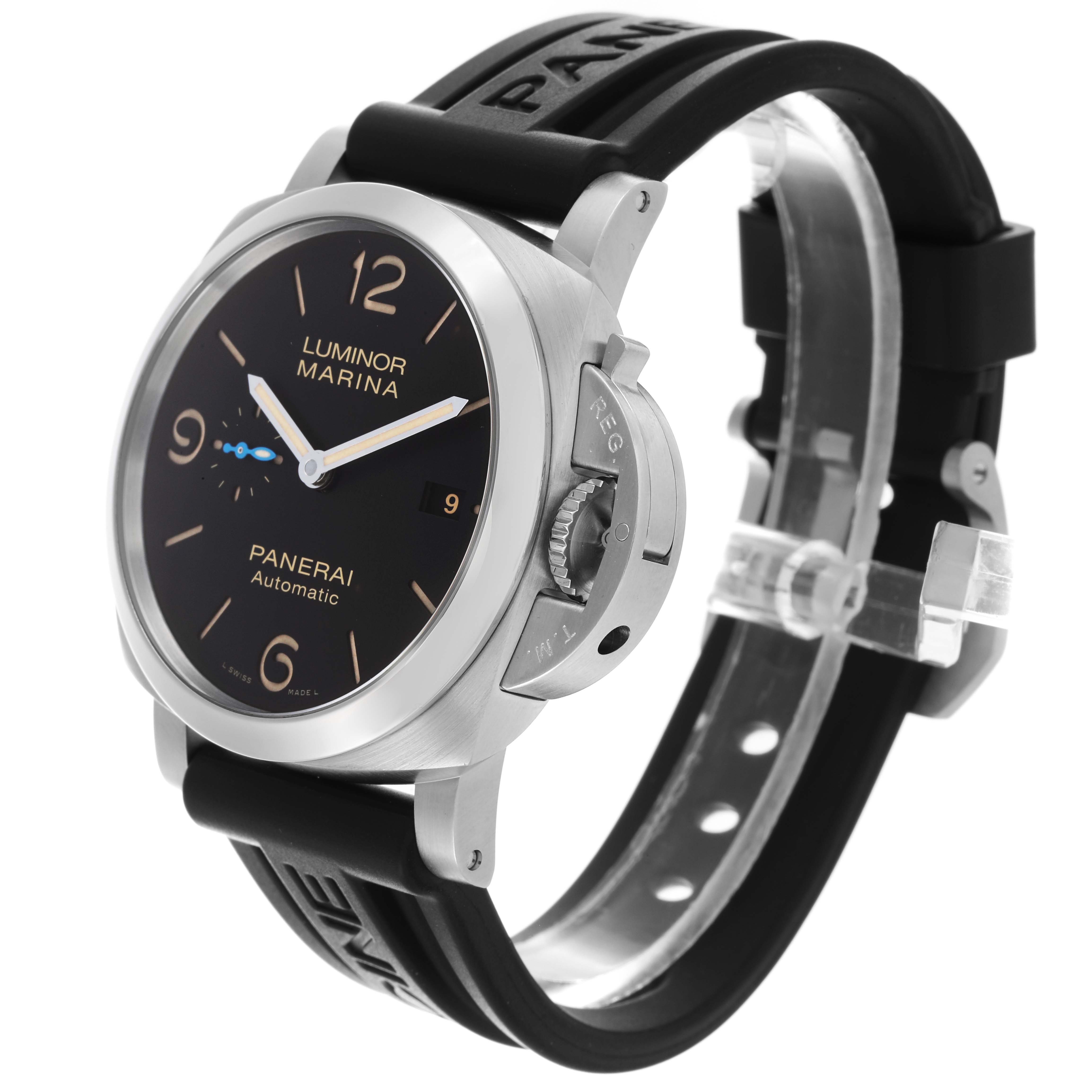 The Panerai Luminor PAM01312 Men's Stainless Steel Black Dial PAM01312 Men's Stainless Steel Black Dial watch is shown from a front-side angle, highlighting the dial, crown guard, and black strap.