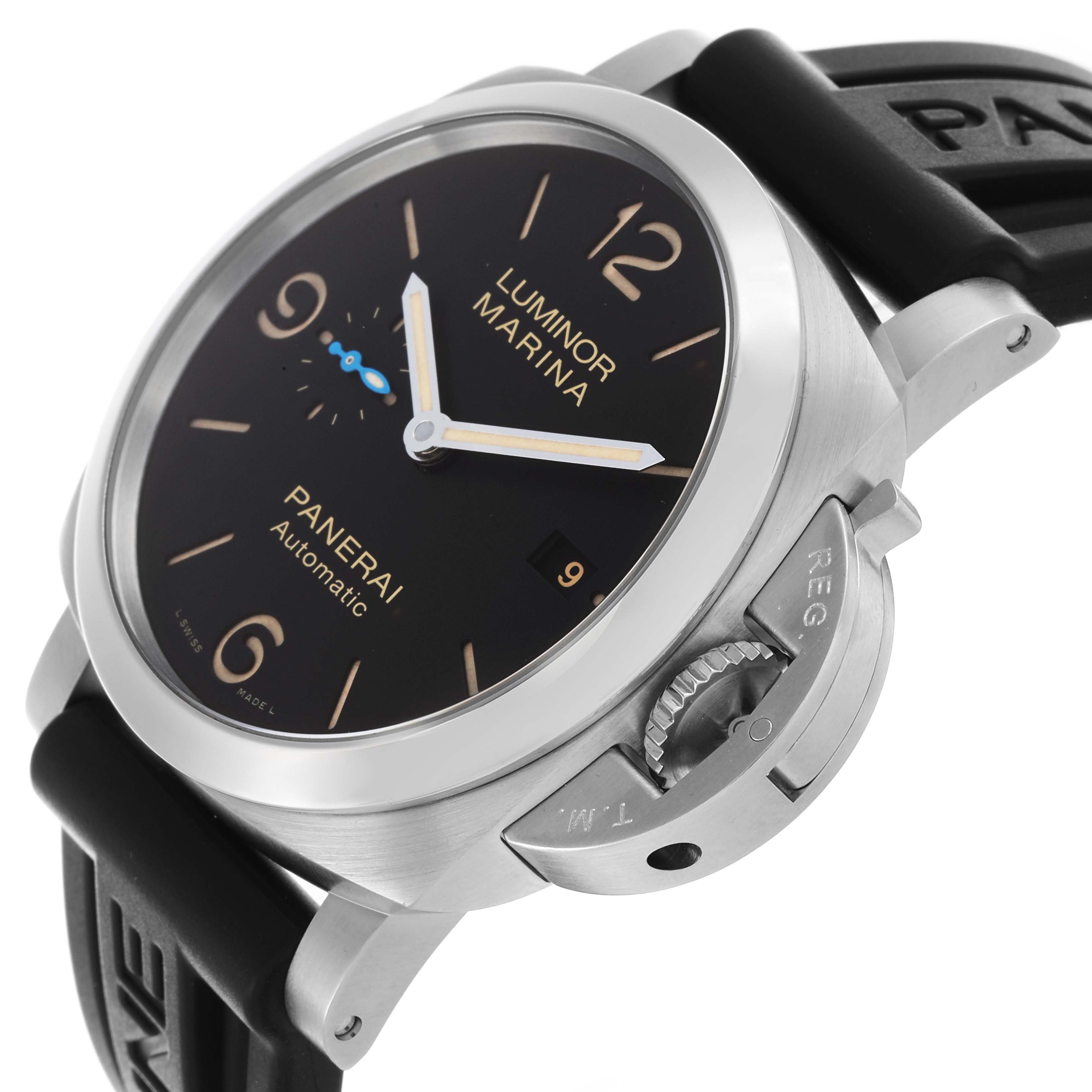 The Panerai Luminor PAM01312 Men's Stainless Steel Black Dial PAM01312 Men's Stainless Steel Black Dial watch is shown at a side angle, displaying the dial, crown guard, and strap details.