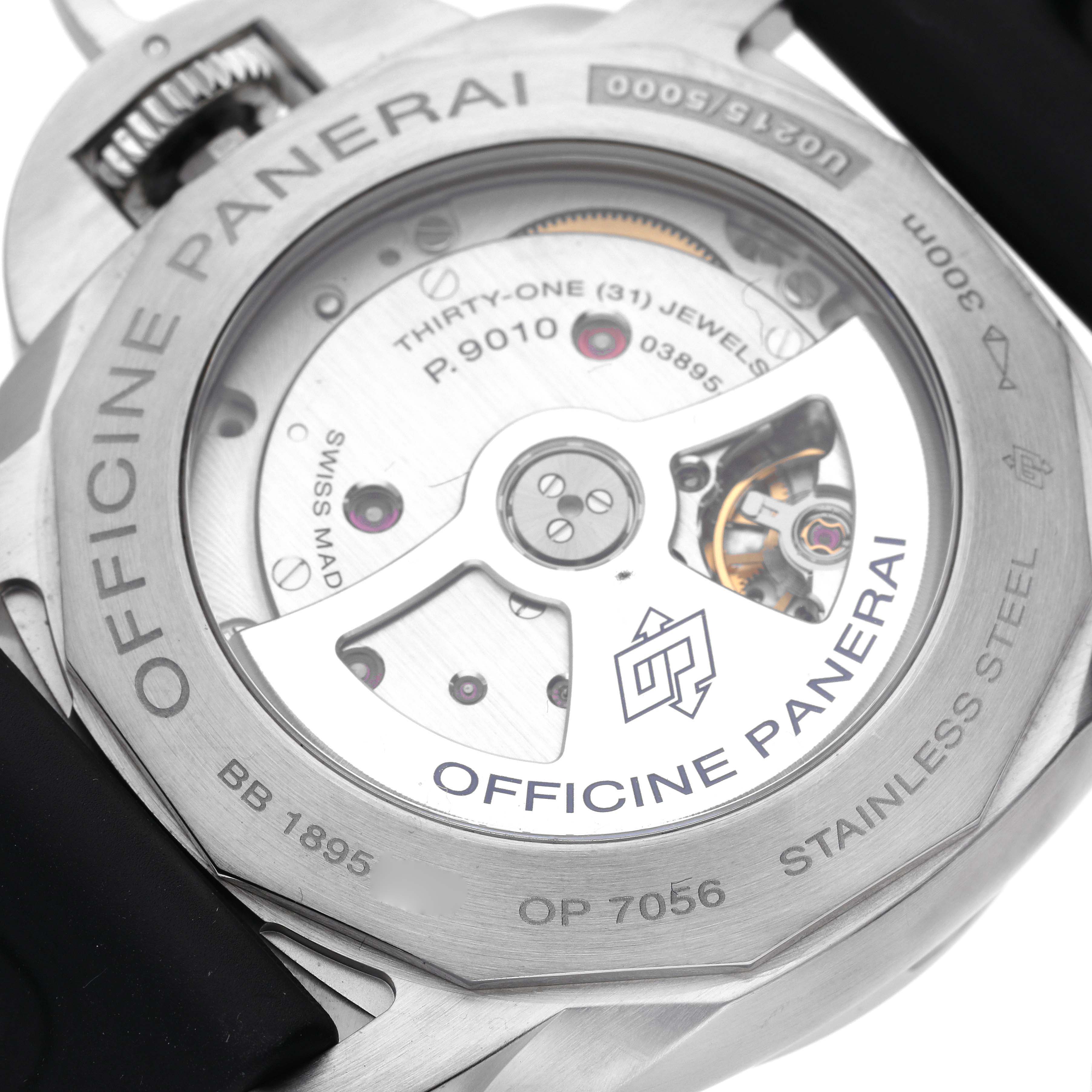 The image shows the exhibition case back and movement of a Panerai Luminor PAM01312 Men's Stainless Steel Black Dial PAM01312 Men's Stainless Steel Black Dial watch.