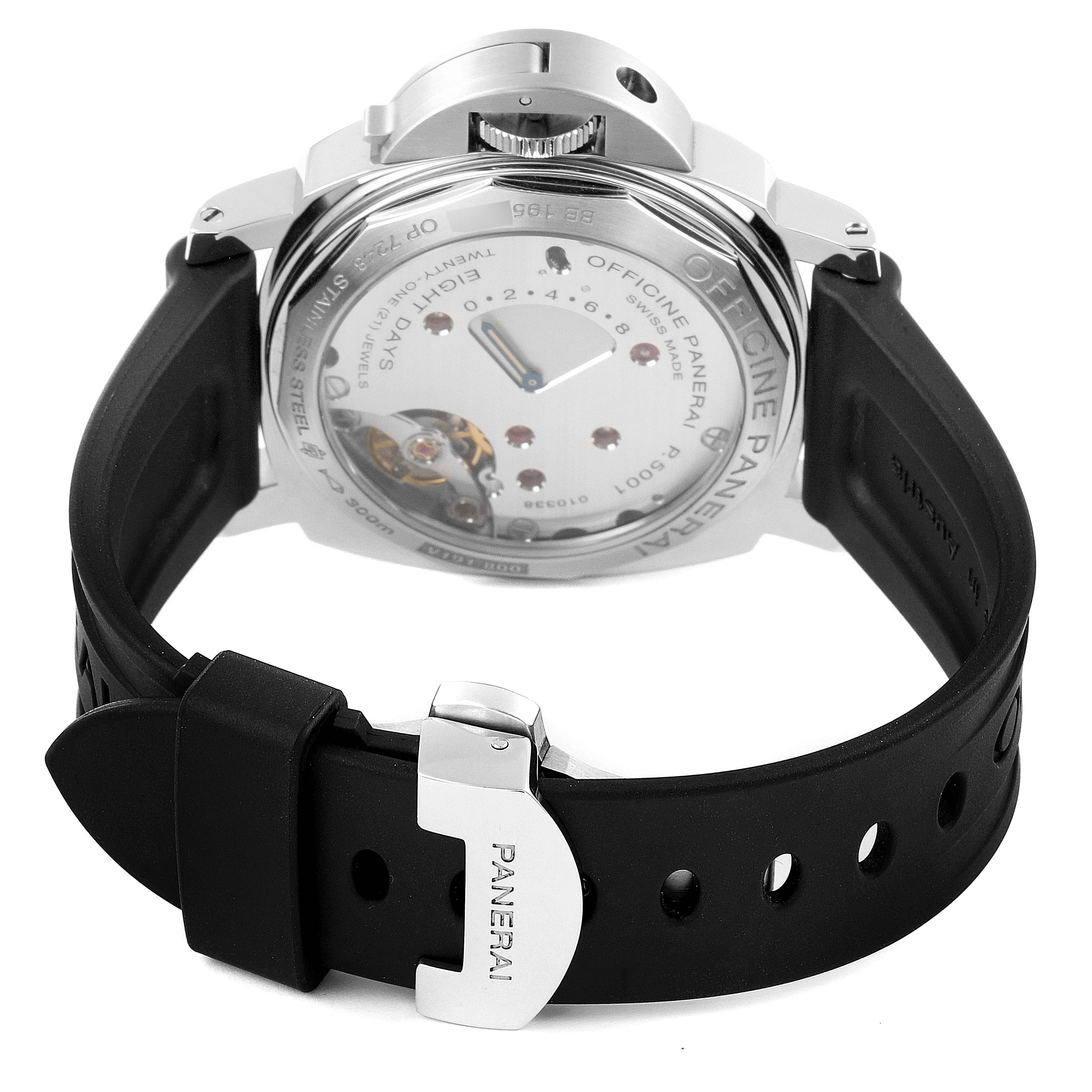 This image shows the back view of a Panerai Luminor PAM00796 Men
s Stainless Steel Black Dial PAM00796 Men
s Stainless Steel Black Dial watch, highlighting its transparent case back and black rubber strap.