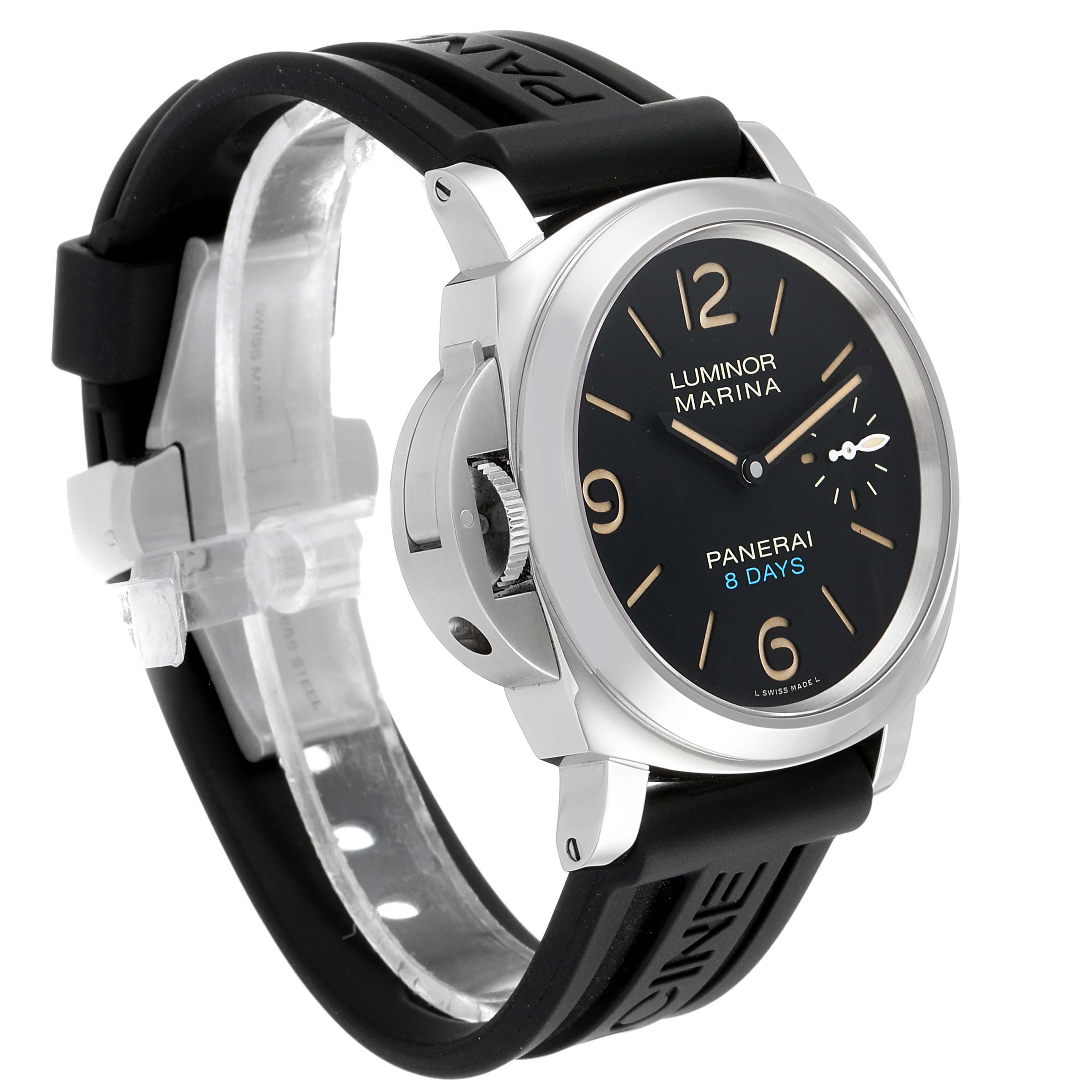 This image shows a Panerai Luminor PAM00796 Men
s Stainless Steel Black Dial PAM00796 Men
s Stainless Steel Black Dial watch at an angle displaying the face, crown, and part of the strap.
