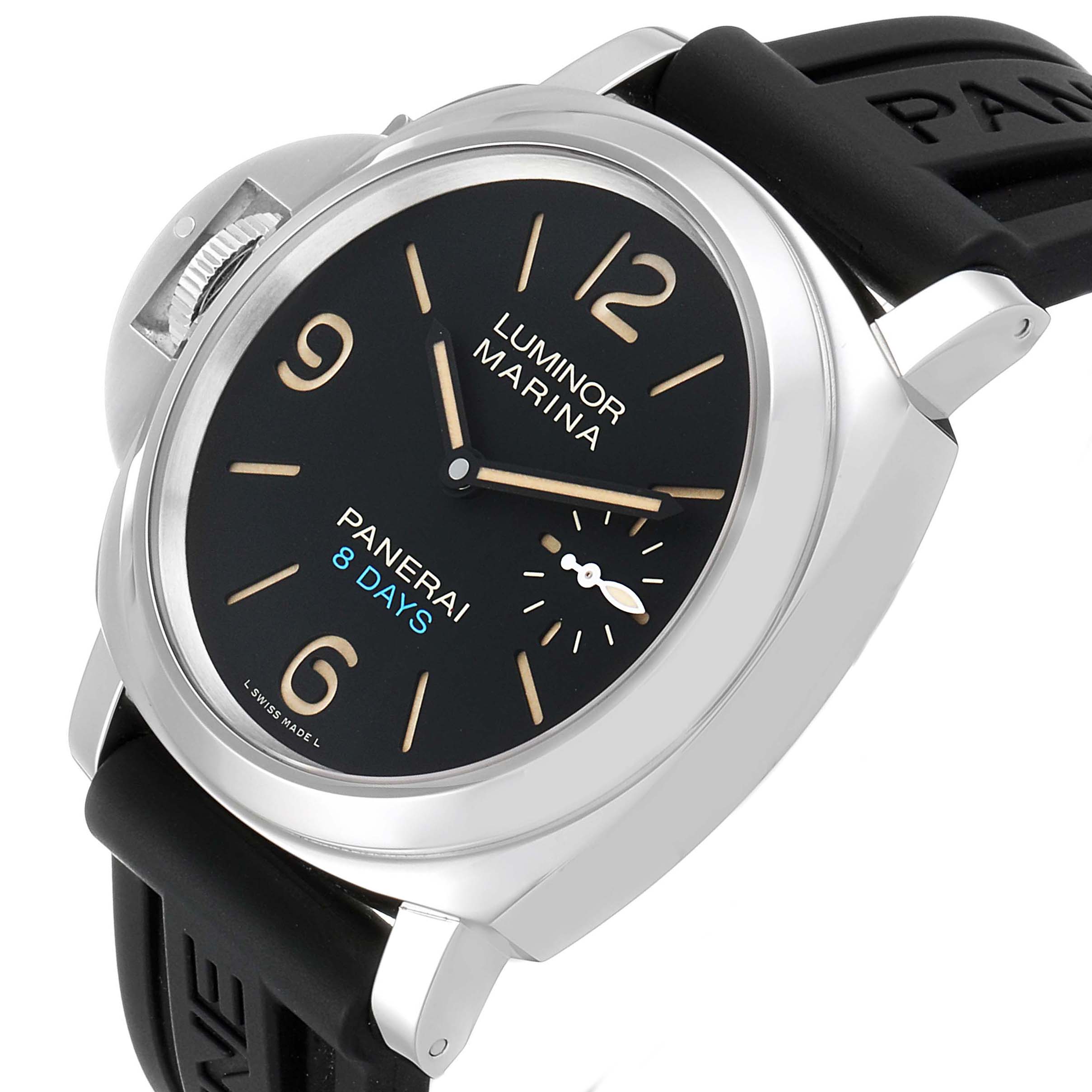 This image shows a Panerai Luminor PAM00796 Men
s Stainless Steel Black Dial PAM00796 Men
s Stainless Steel Black Dial Marina watch angled to display the face, case, crown, and part of the strap.