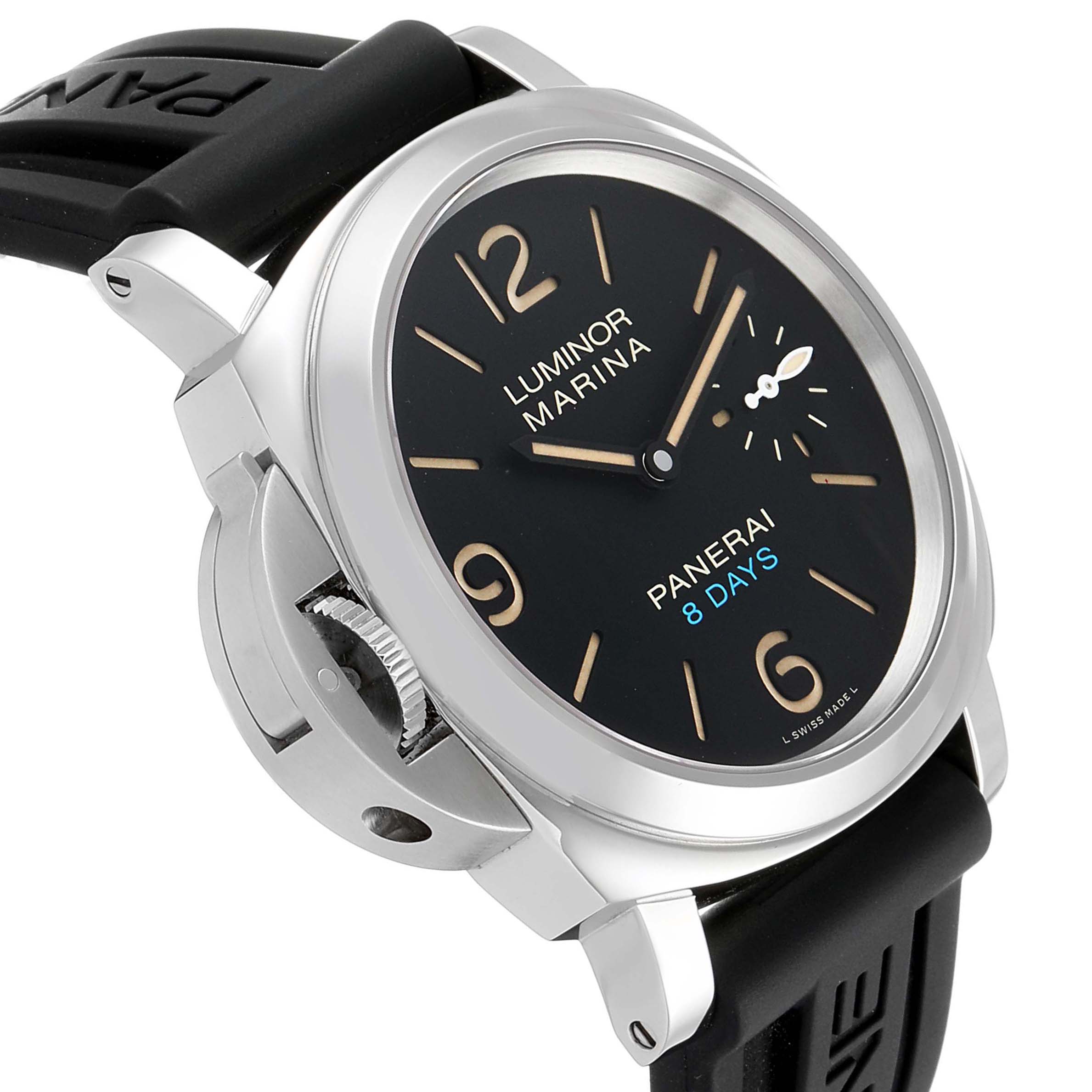 The image shows a Panerai Luminor PAM00796 Men
s Stainless Steel Black Dial PAM00796 Men
s Stainless Steel Black Dial watch angled from the side, focusing on the face, crown, and part of the strap.