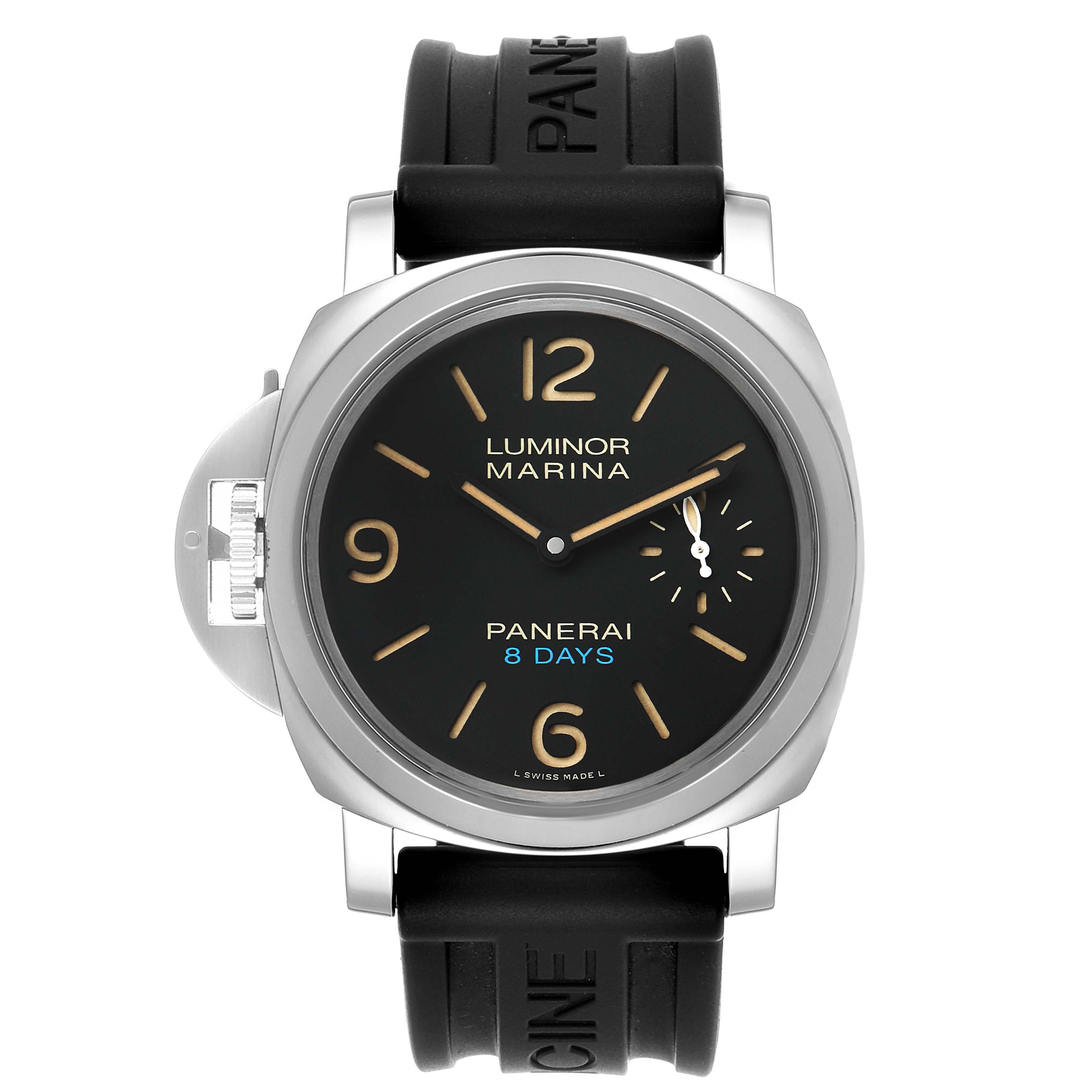 This image shows a front view of a Panerai Luminor PAM00796 Men
s Stainless Steel Black Dial PAM00796 Men
s Stainless Steel Black Dial Marina watch with a black rubber strap and a black dial.