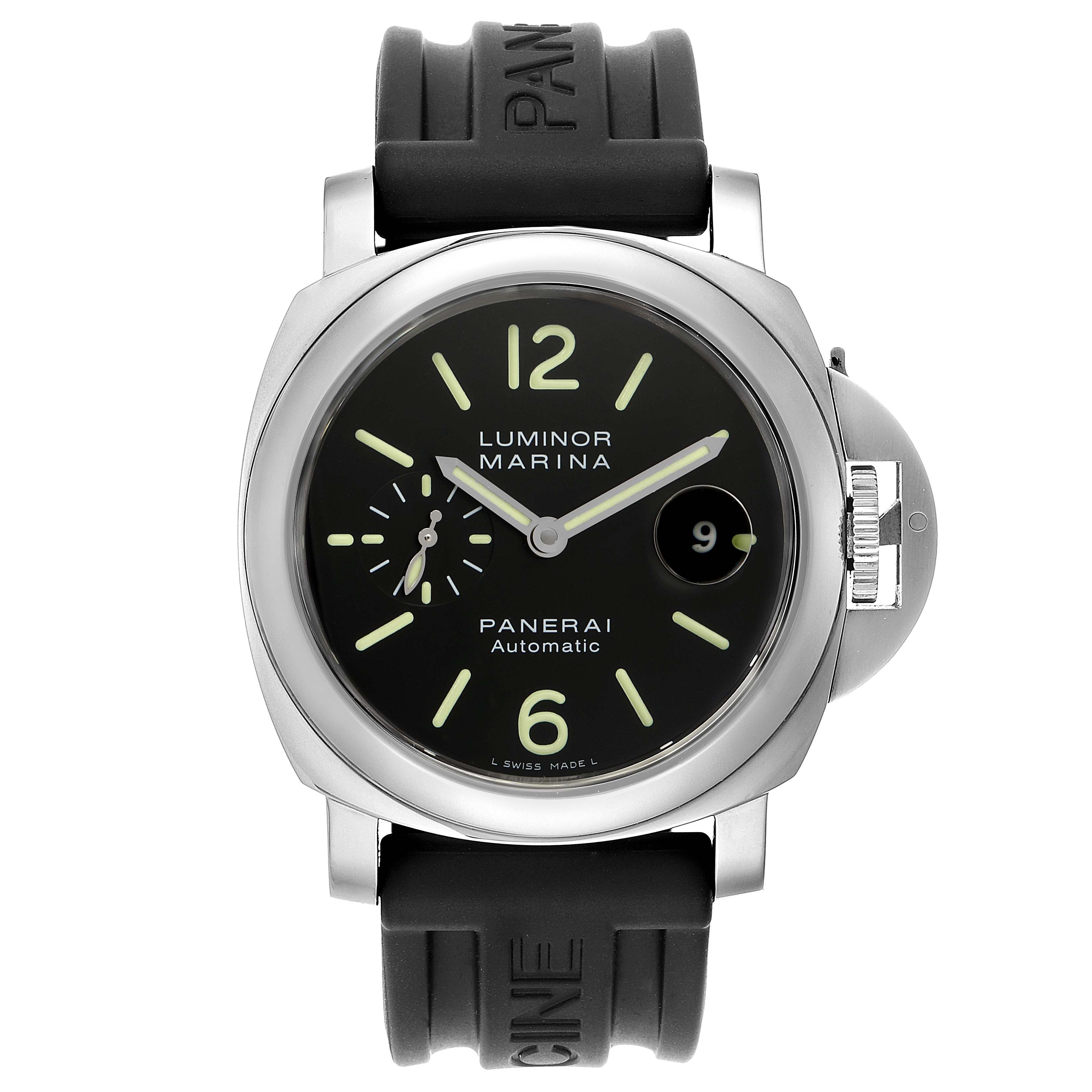 This Panerai Luminor PAM00104 Men
s Stainless Steel Black Dial PAM00104 Men
s Stainless Steel Black Dial watch is shown from the front, displaying its dial, bezel, and rubber strap.