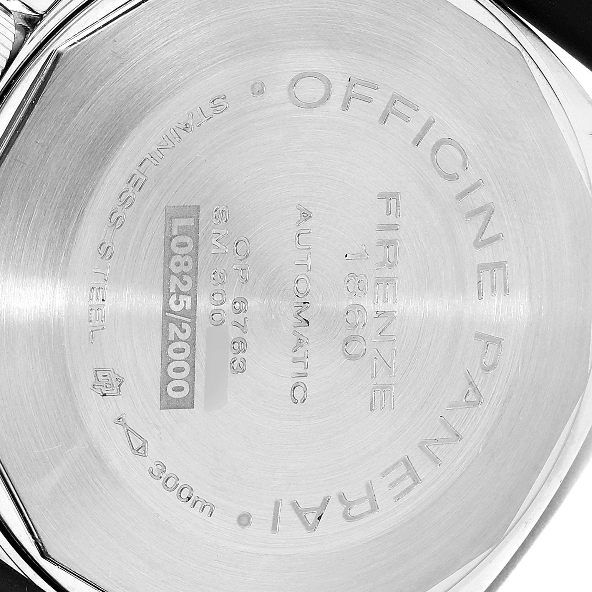 This image shows the back case of a Panerai Luminor PAM00104 Men
s Stainless Steel Black Dial PAM00104 Men
s Stainless Steel Black Dial watch, displaying engraved details and specifications.