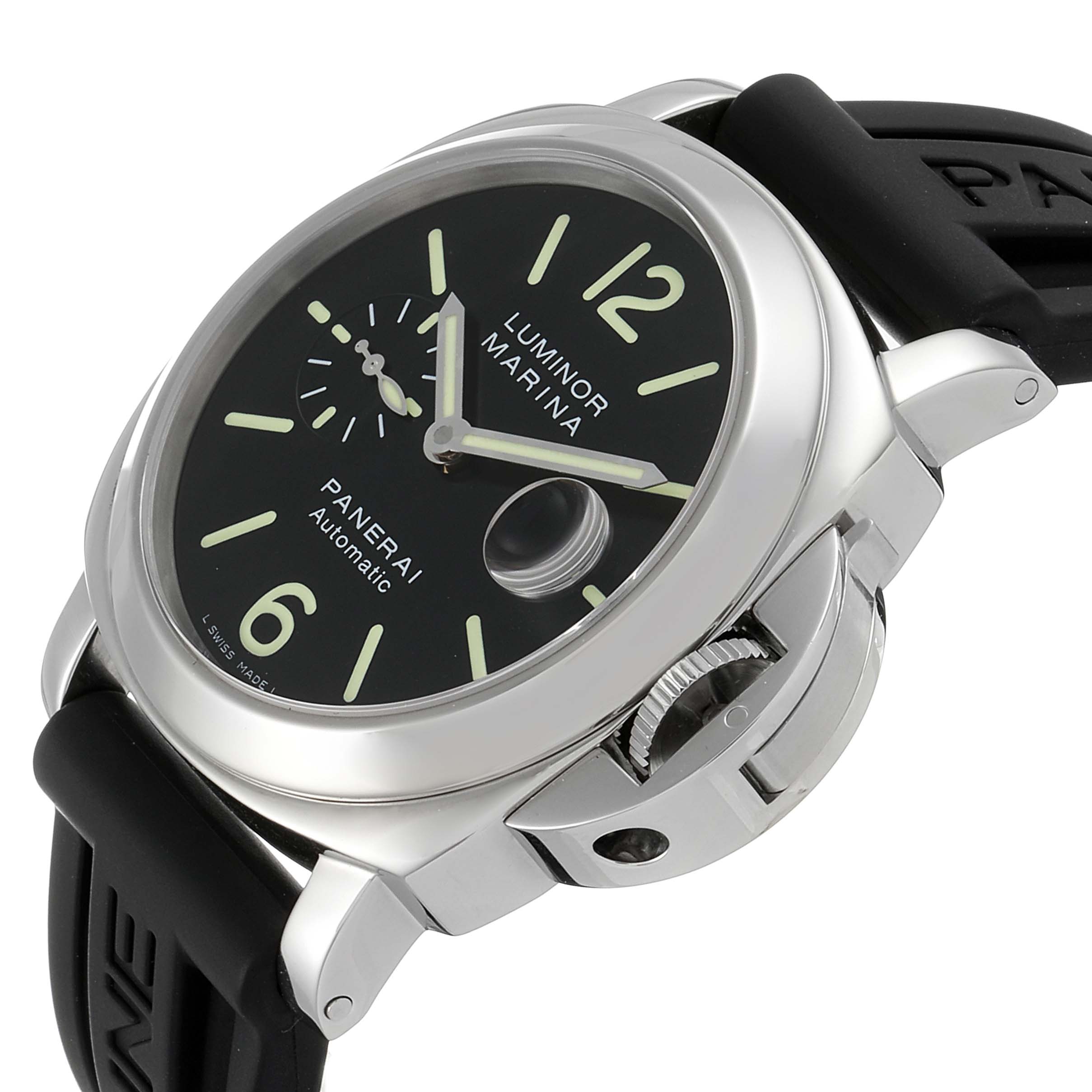 The Panerai Luminor PAM00104 Men
s Stainless Steel Black Dial PAM00104 Men
s Stainless Steel Black Dial Marina watch is shown at an angled view, highlighting the dial, crown guard, and black rubber strap.