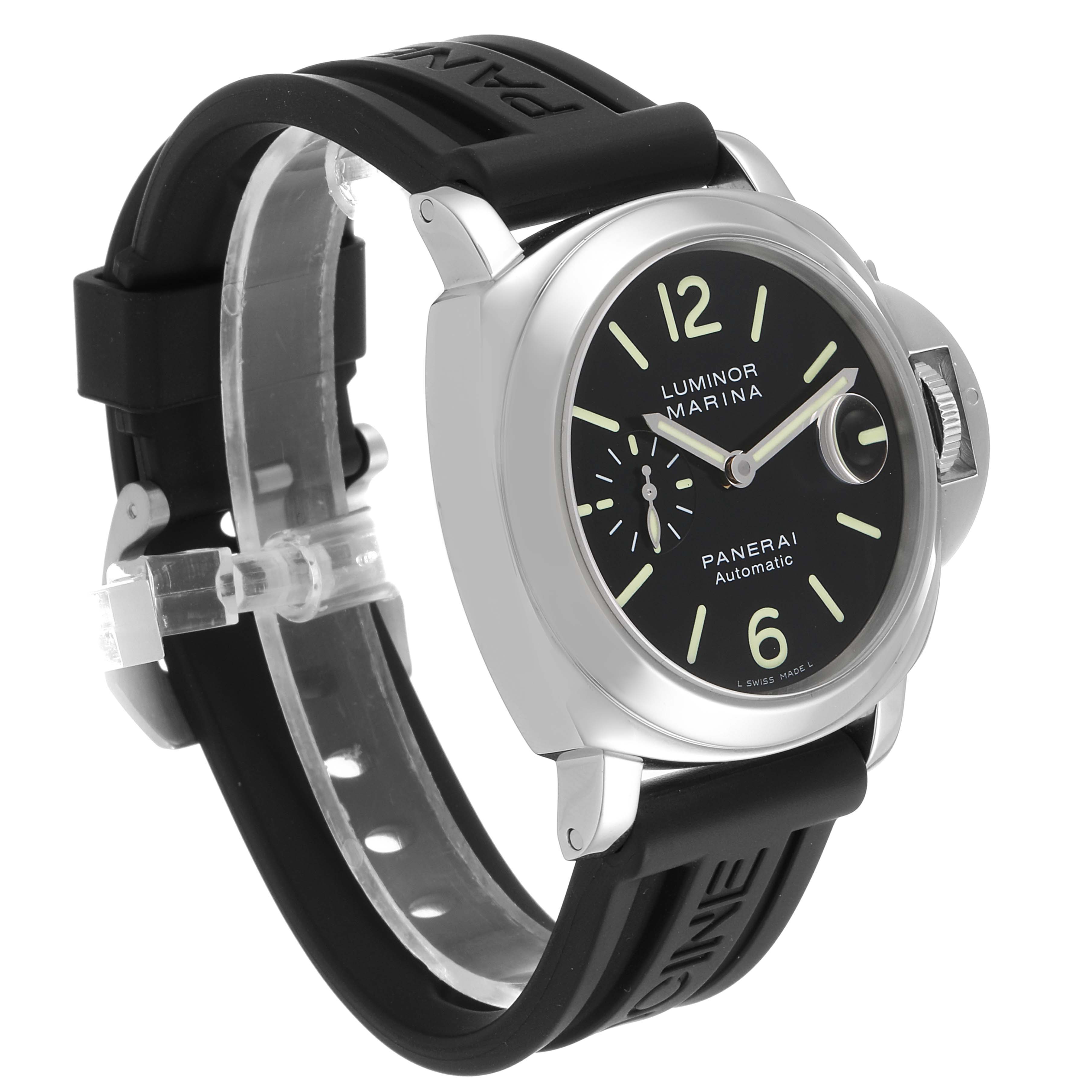 This image shows a Panerai Luminor PAM00104 Men
s Stainless Steel Black Dial PAM00104 Men
s Stainless Steel Black Dial Marina watch at a three-quarter angle, highlighting the face, crown, and black rubber strap.
