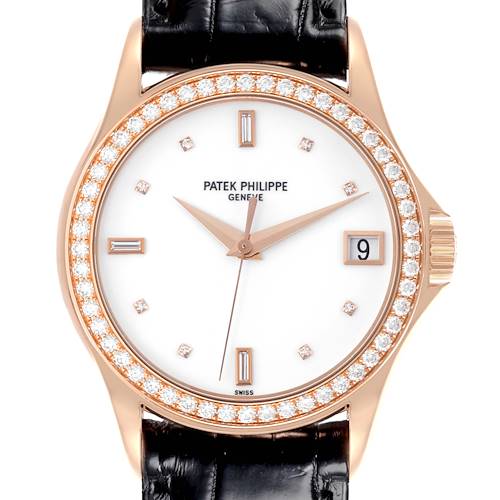 This image shows a front view of the Patek Philippe Calatrava watch, highlighting its diamond bezel and crown.