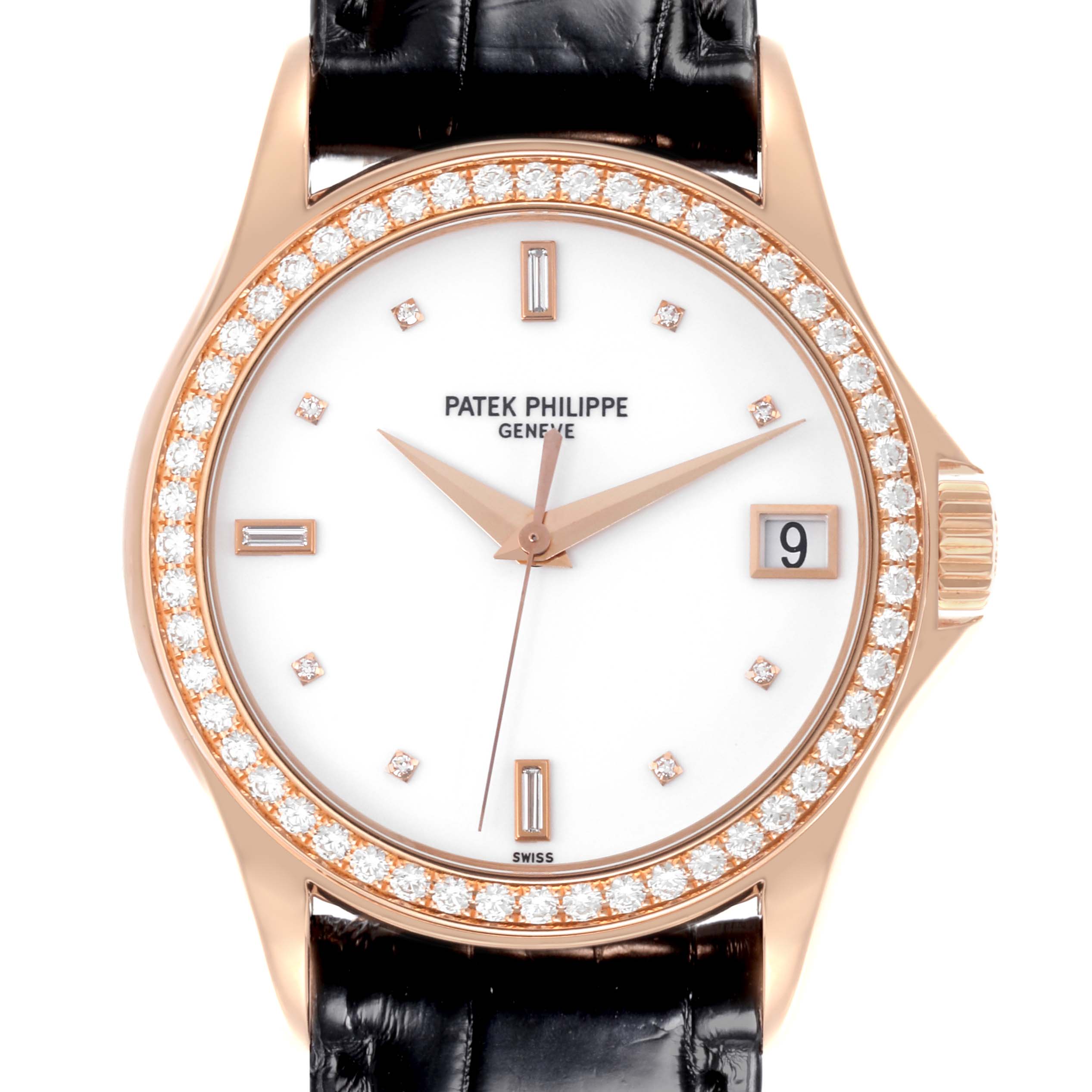 The Patek Philippe Calatrava 5108R-001 Men's Rose Gold White Dial 5108R-001 Men's Rose Gold White Dial is shown from the front, highlighting the diamond bezel, dial, and crown.