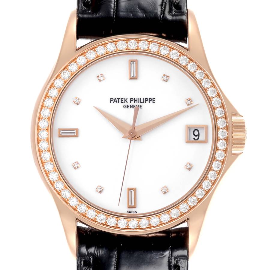 The Patek Philippe Calatrava is shown from the front, highlighting the diamond bezel, dial, and crown.