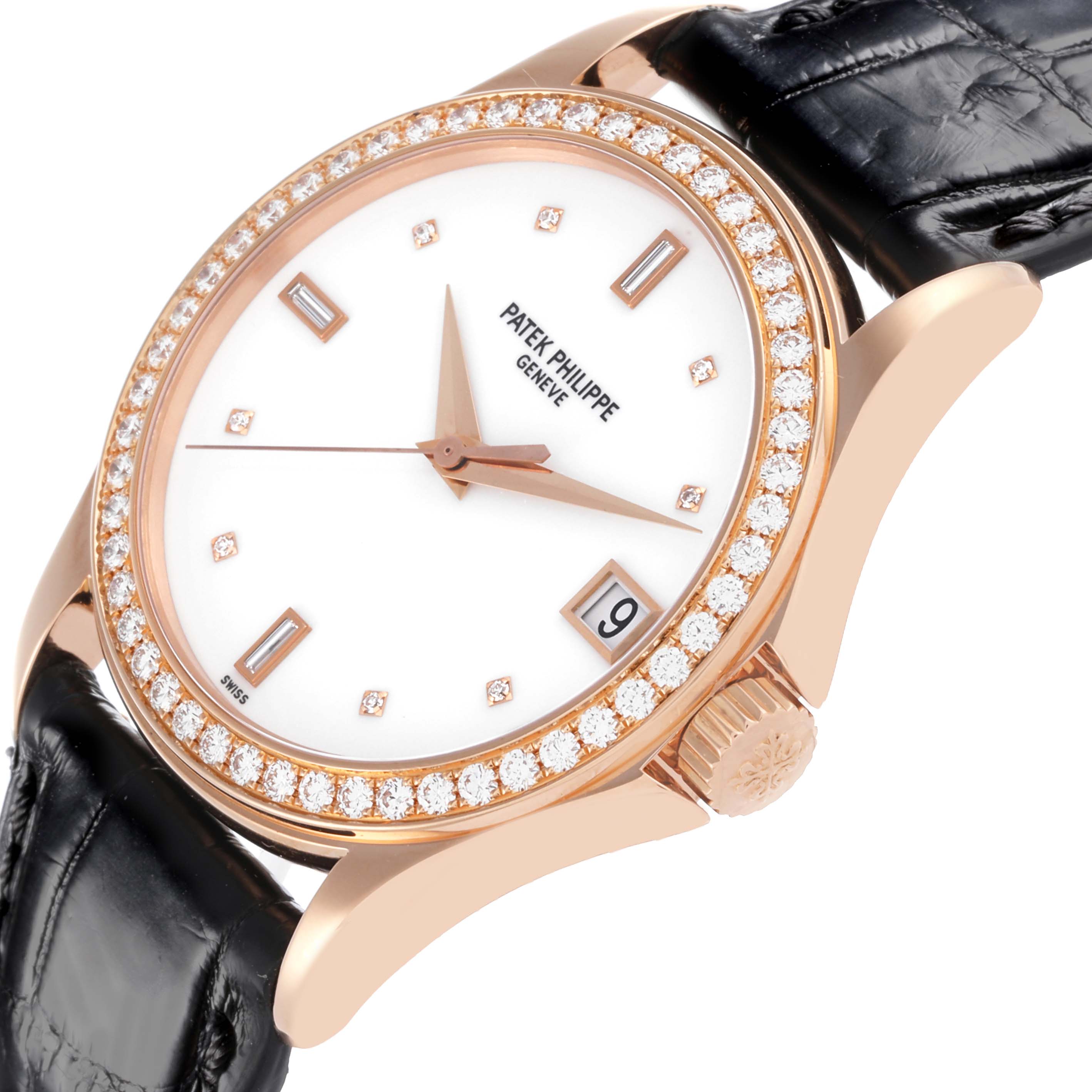 The Patek Philippe Calatrava 5108R-001 Men's Rose Gold White Dial 5108R-001 Men's Rose Gold White Dial watch is shown at a three-quarter angle, displaying the face, diamond bezel, and part of the leather strap.