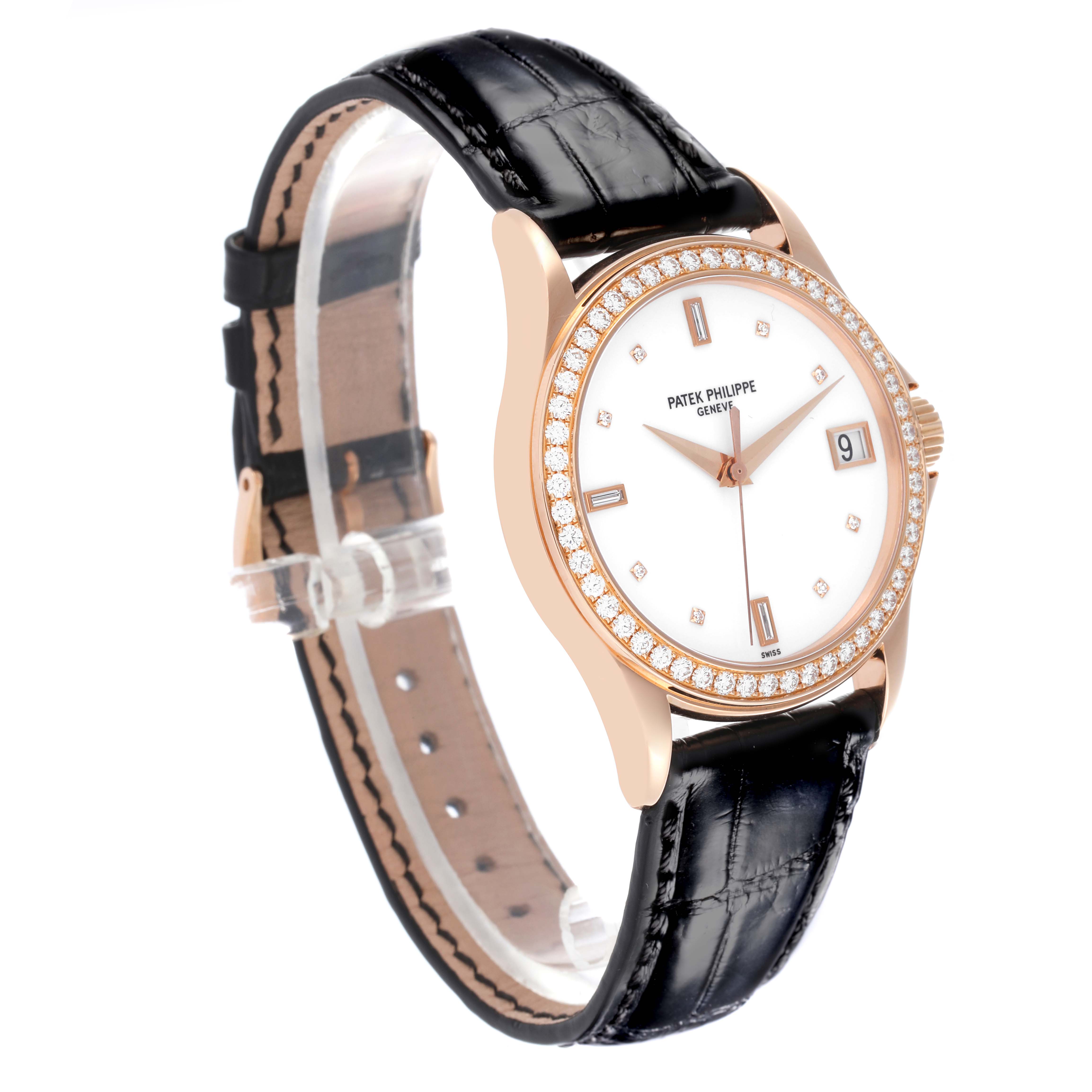 The Patek Philippe Calatrava 5108R-001 Men's Rose Gold White Dial 5108R-001 Men's Rose Gold White Dial watch is shown at a three-quarter angle, displaying the face, bezel, and black leather strap.