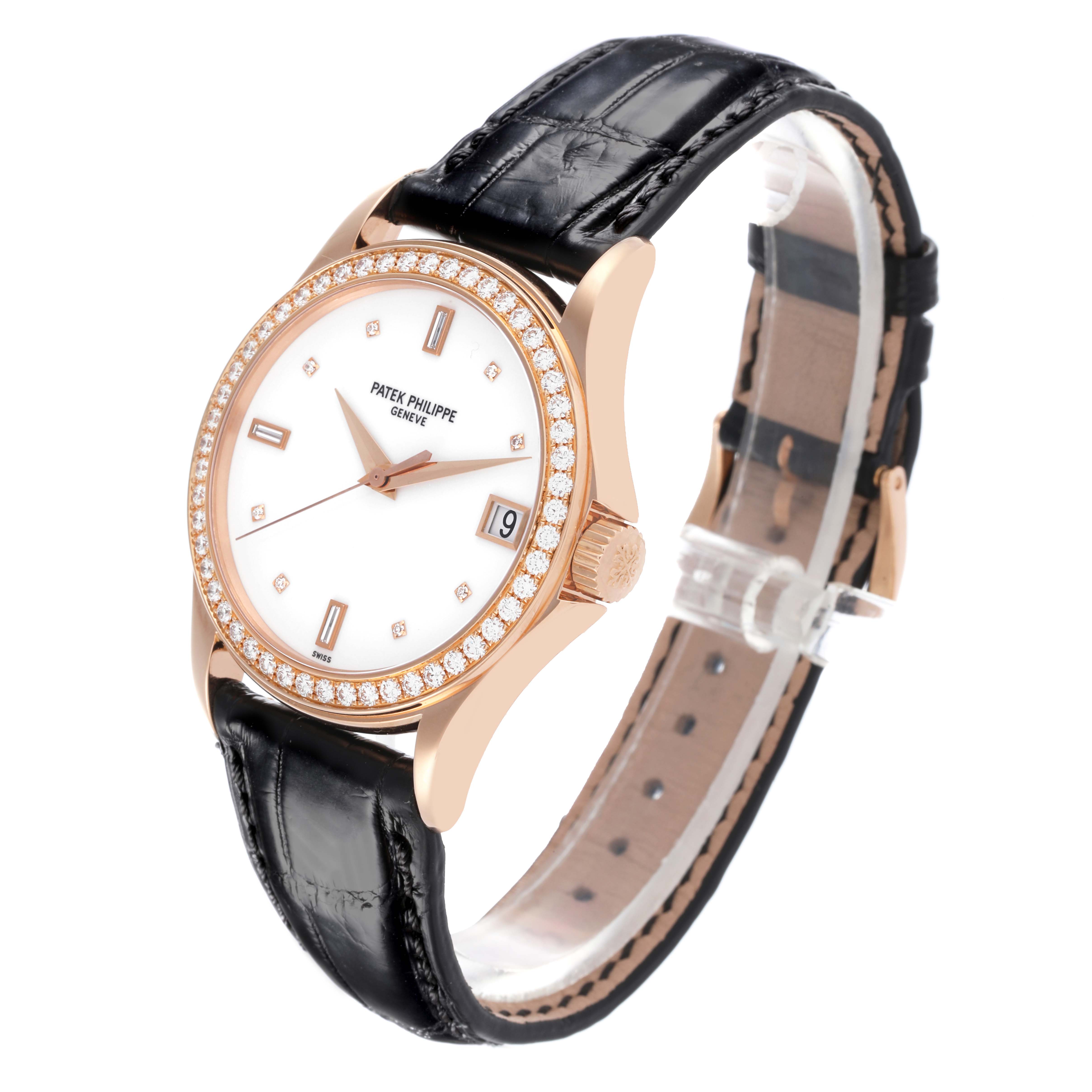 The Patek Philippe Calatrava 5108R-001 Men's Rose Gold White Dial 5108R-001 Men's Rose Gold White Dial watch is shown at a slight side angle, highlighting the face, bezel, crown, and leather strap.