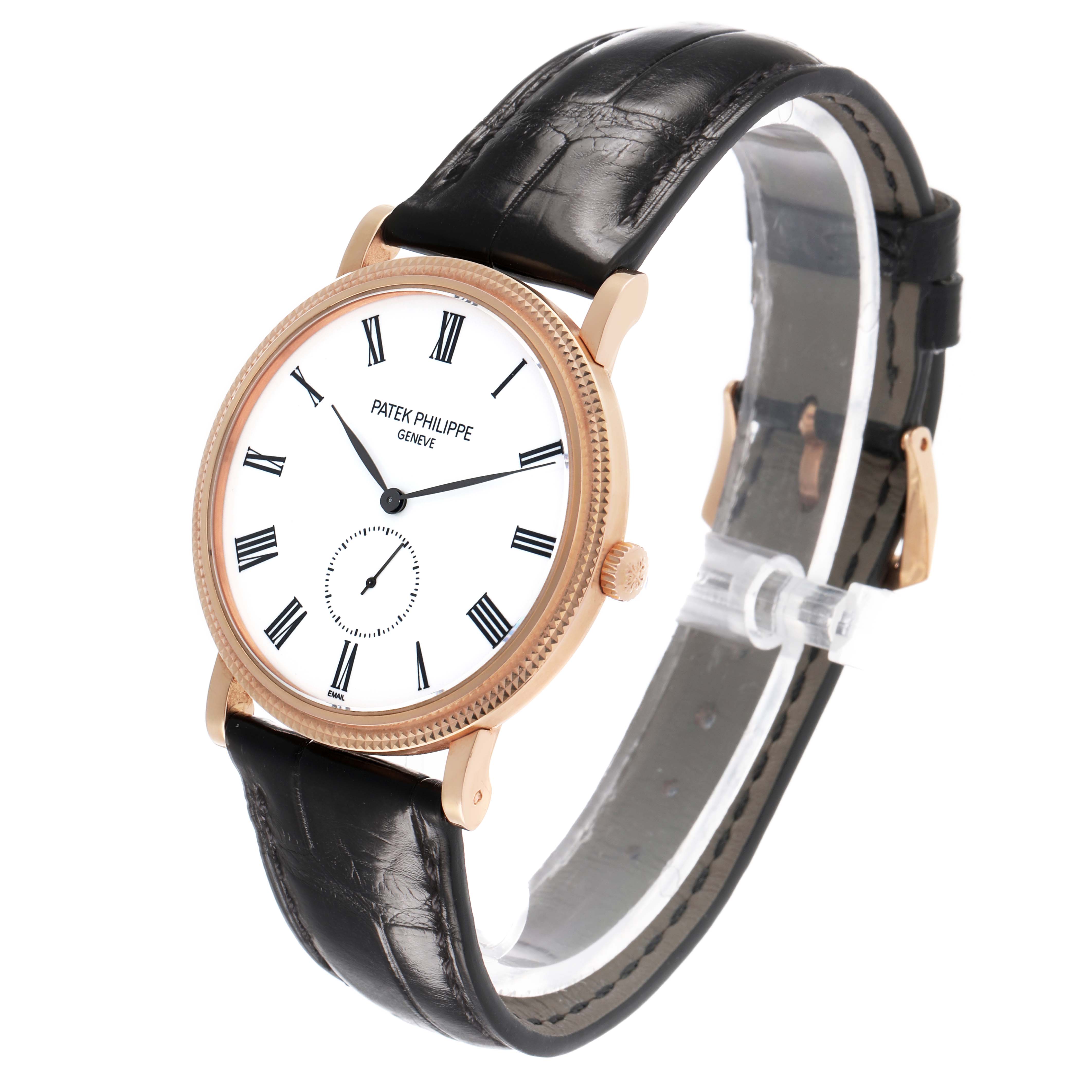 The Patek Philippe Calatrava 5116R Men's Rose Gold White Dial watch is shown at a slight angle, highlighting the face, bezel, crown, and leather strap.