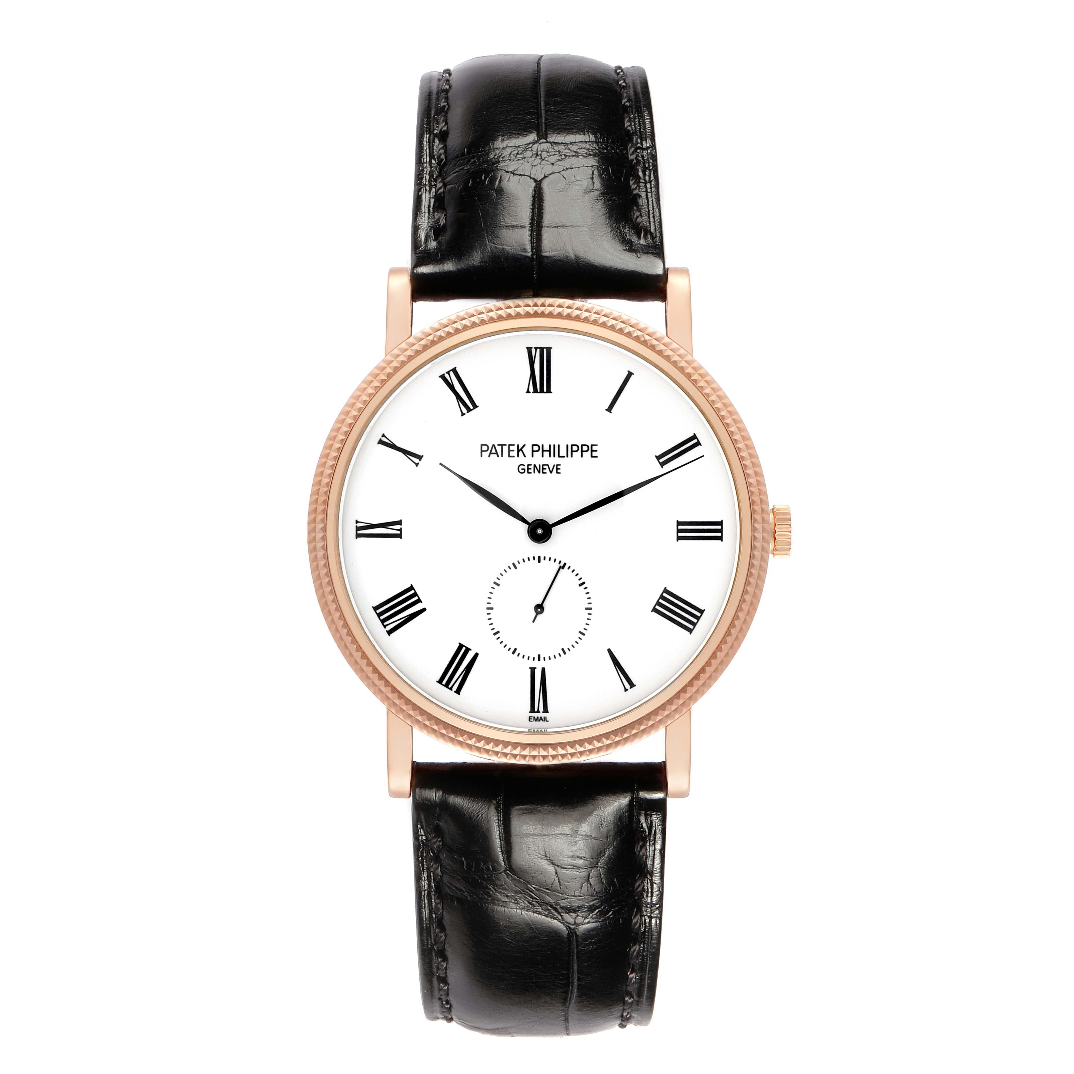 The Patek Philippe Calatrava 5116R Men's Rose Gold White Dial watch is shown from the front, displaying its white dial, Roman numerals, and black leather strap.