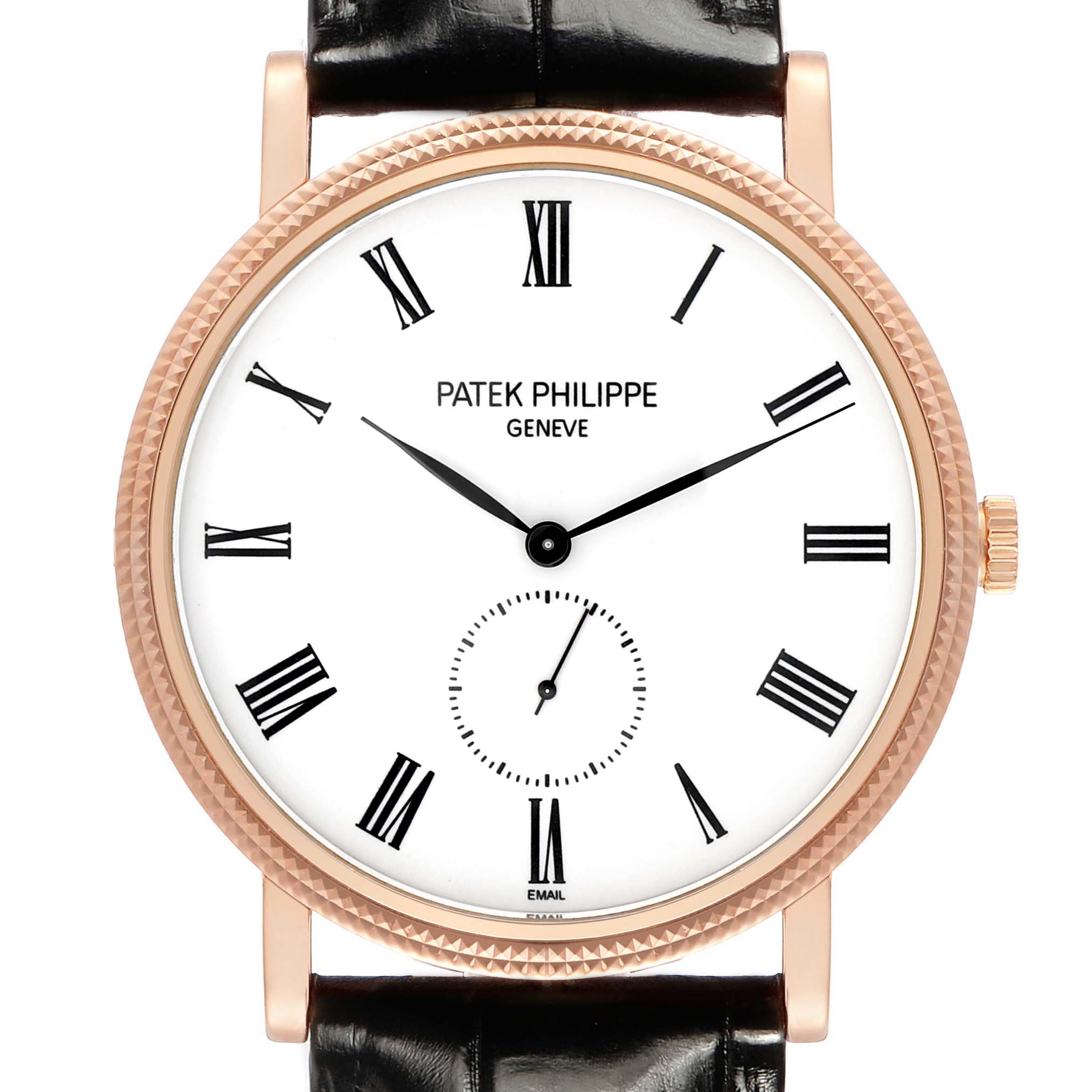 The Patek Philippe Calatrava 5116R Men's Rose Gold White Dial watch is shown from a front angle, displaying its white dial, Roman numerals, and black leather strap.