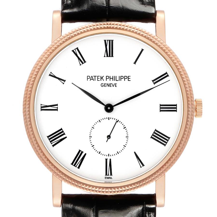 The Patek Philippe Calatrava 5116R Men's Rose Gold White Dial watch is shown from a front angle, displaying its white dial, Roman numerals, and black leather strap.