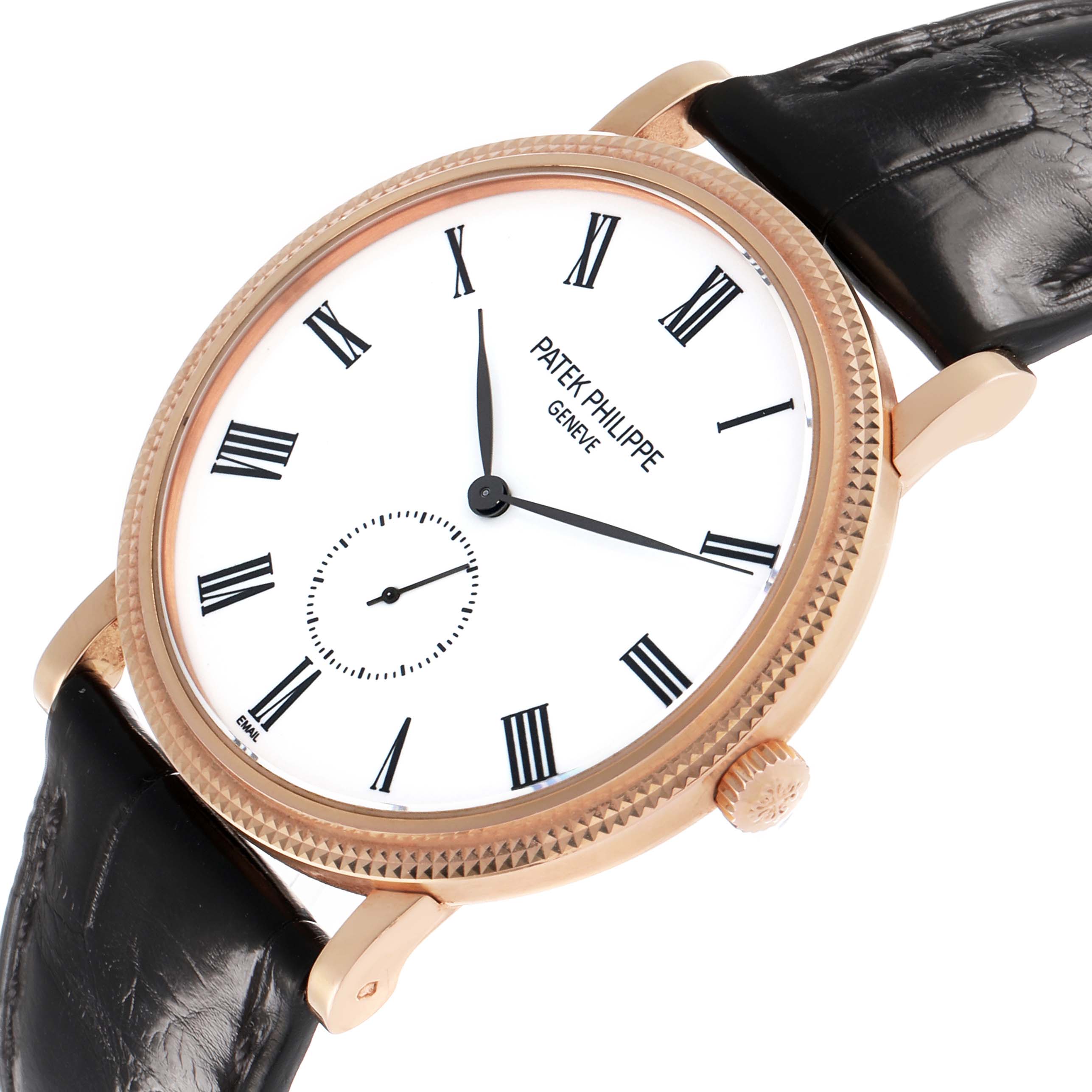 The Patek Philippe Calatrava 5116R Men's Rose Gold White Dial watch is shown at a slight angle, displaying its face, bezel, crown, and part of the black leather strap.