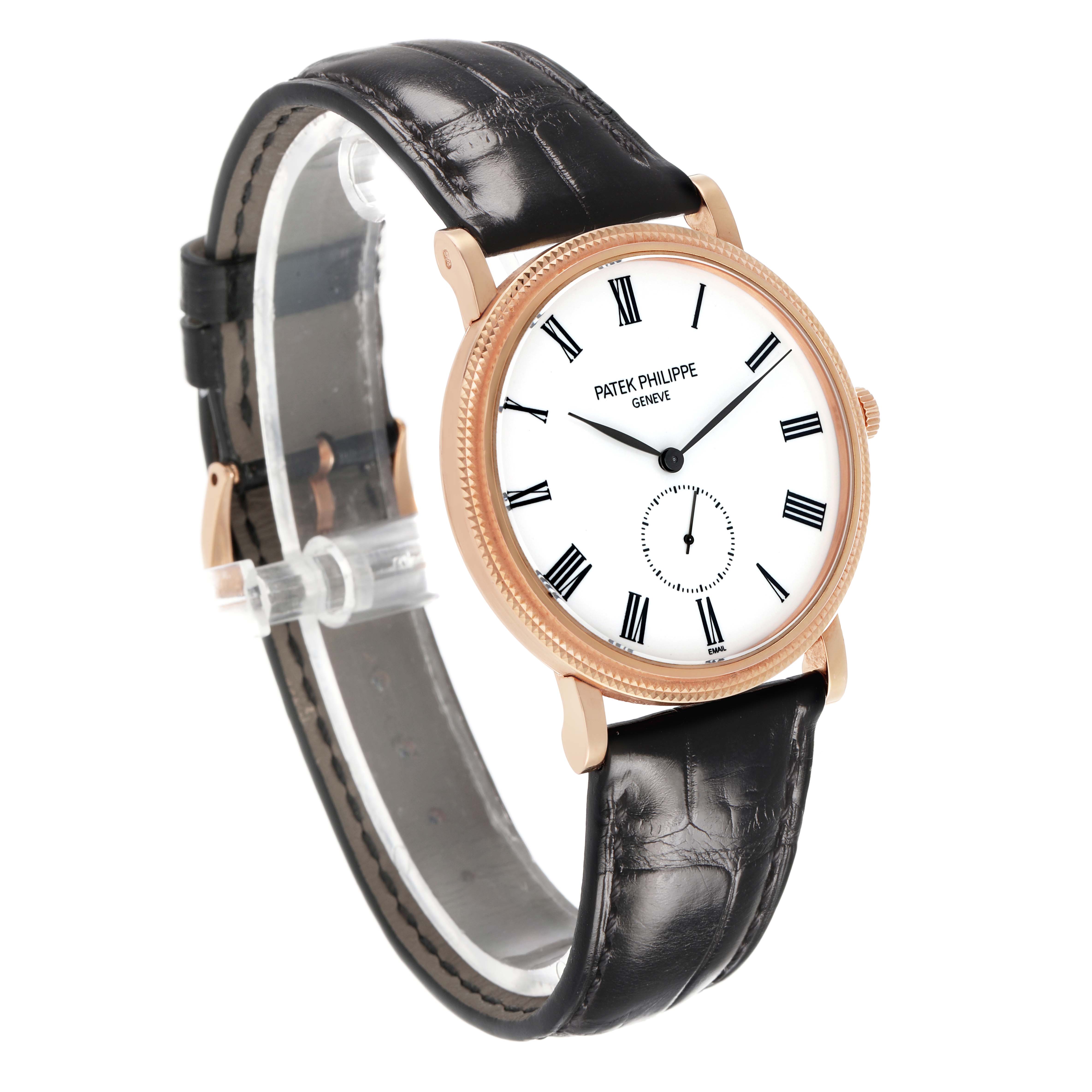 The Patek Philippe Calatrava 5116R Men's Rose Gold White Dial watch is shown at a three-quarter angle, highlighting the face, bezel, crown, and leather strap.